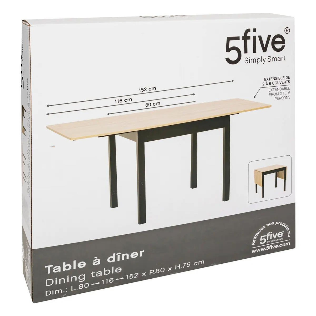 FIVE Table à Manger à Rabats  Extensible  80-152cm Naturel