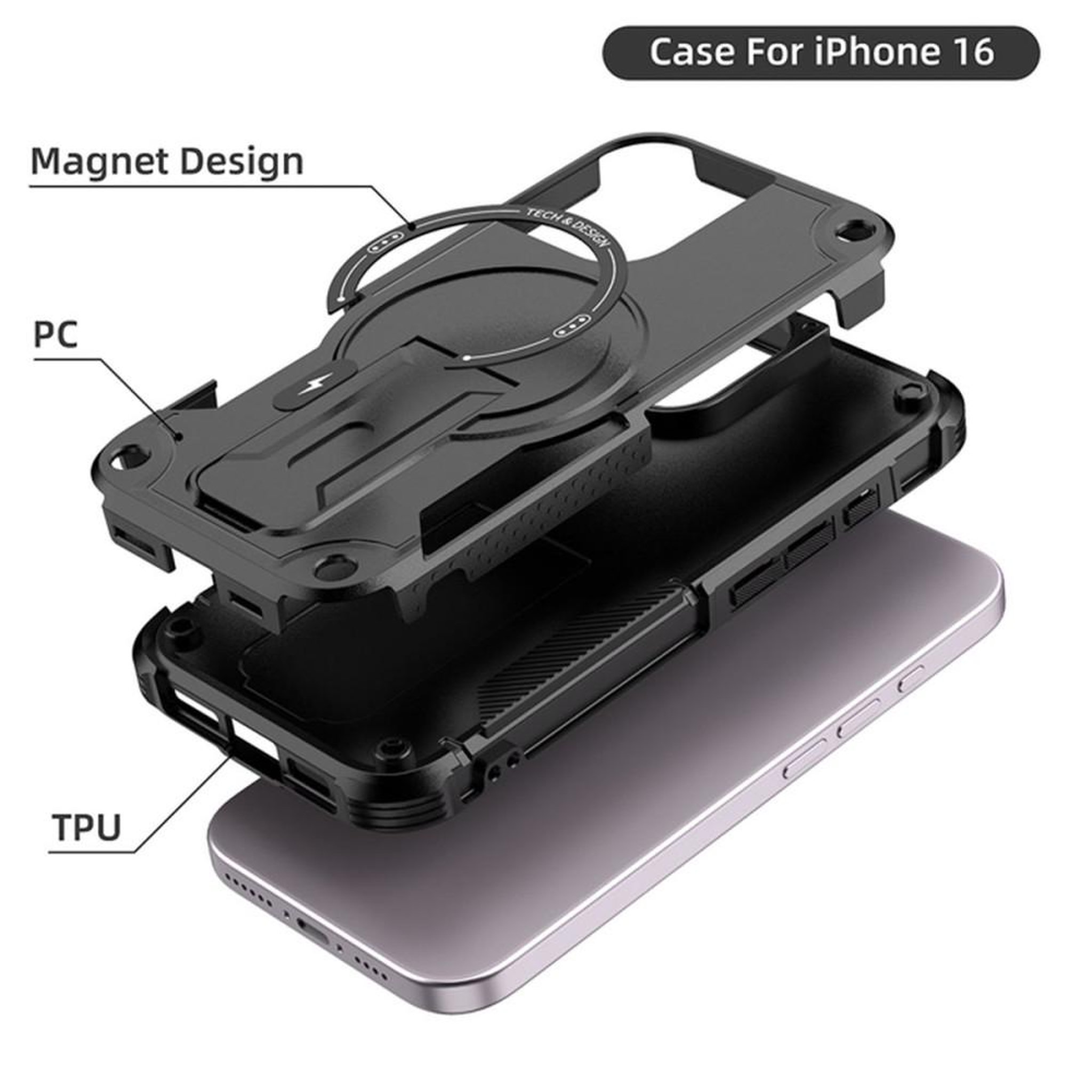 Voir la diapositive 2 : Coque iPhone 16 magnétique MagSafe noire HCT STYLE, protection 360° antichoc, bords relevés pour écran et caméra, angles renforcés, support intégré et compatible chargeur sans fil