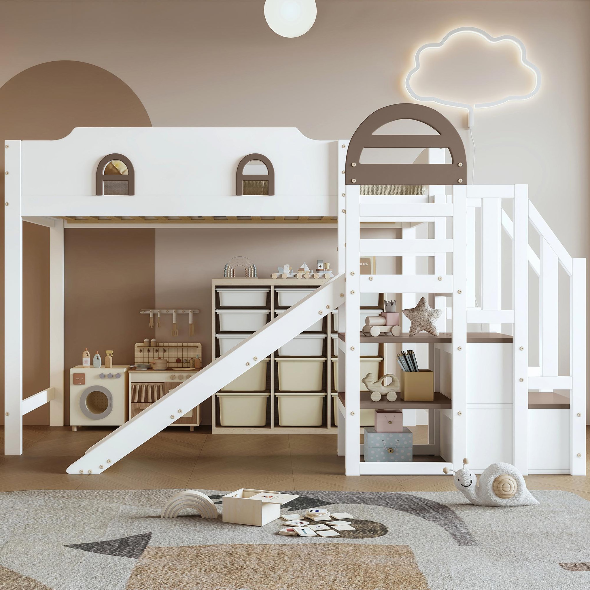 Voir la diapositive 2 : MERAX Lit combiné enfant 90x200cm coloris blanc pin et mdf