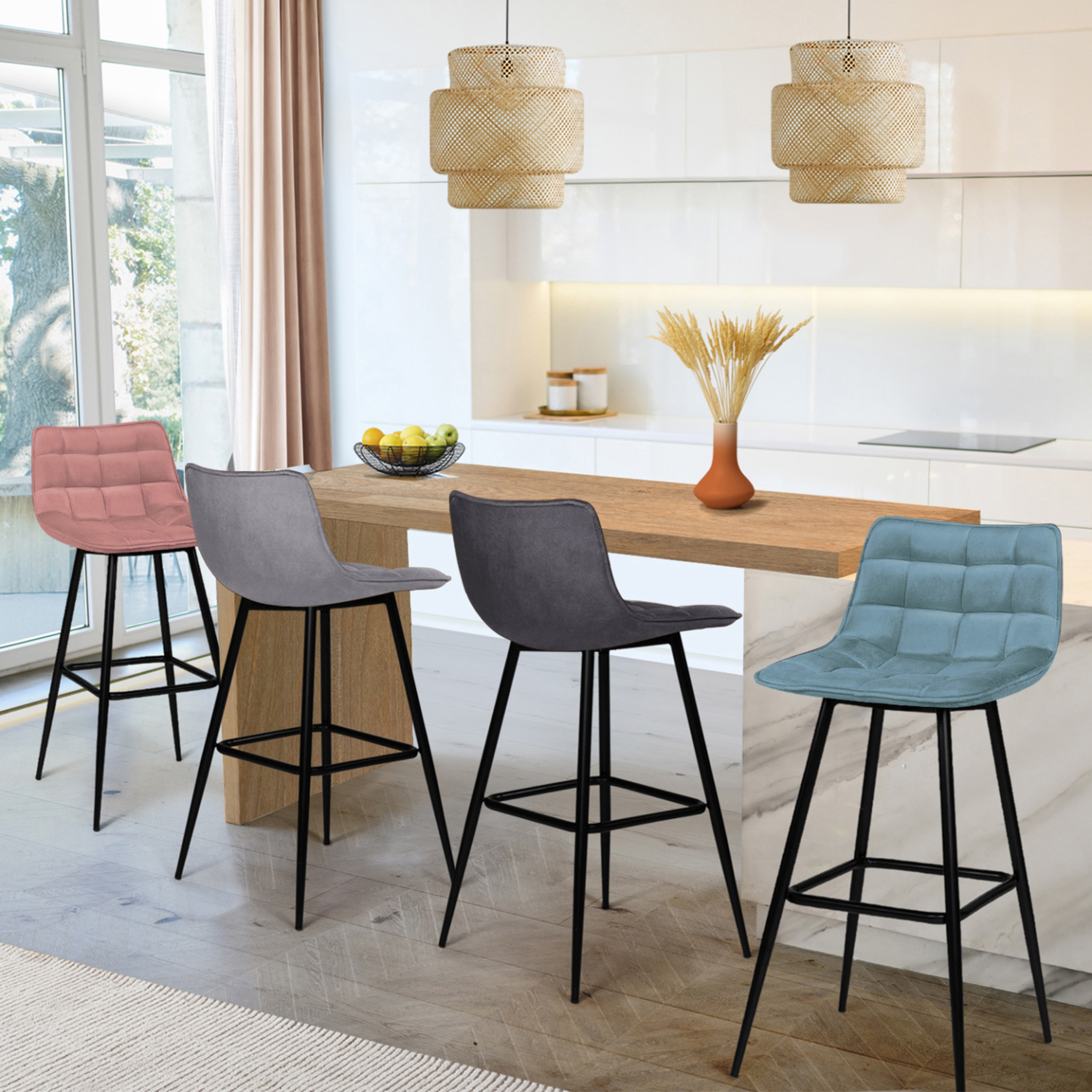 Voir la diapositive 2 : ID MARKET Lot de 4 tabourets de bar mady en velours mix color pastel bleu, gris clair, gris foncé, rose