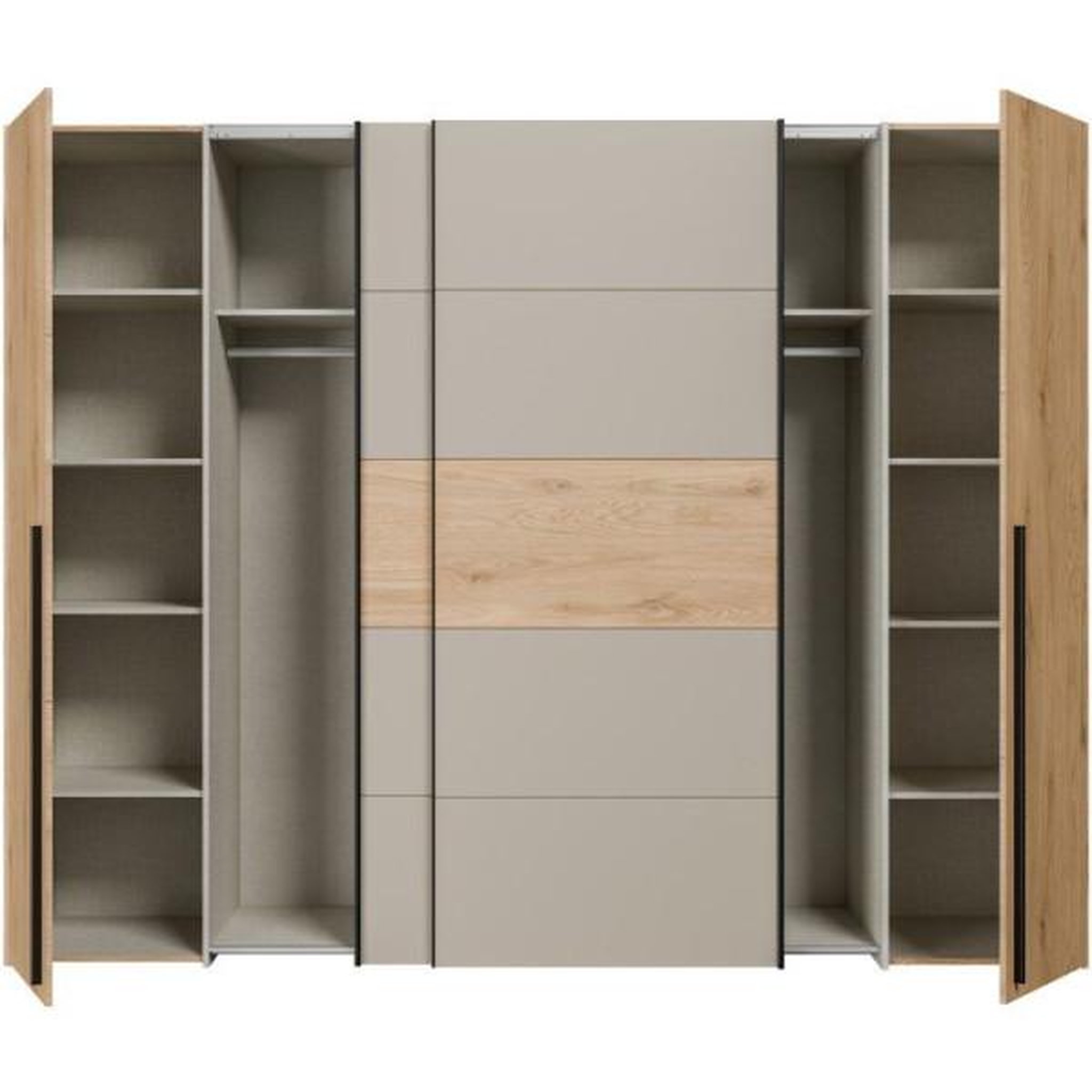 Voir la diapositive 4 : MARKET24 Armoire de chambre - NARAGO - Décor Chene et Taupe - 2 portes coulissantes + 2 portes battantes - L270 x P61 x H210 cm