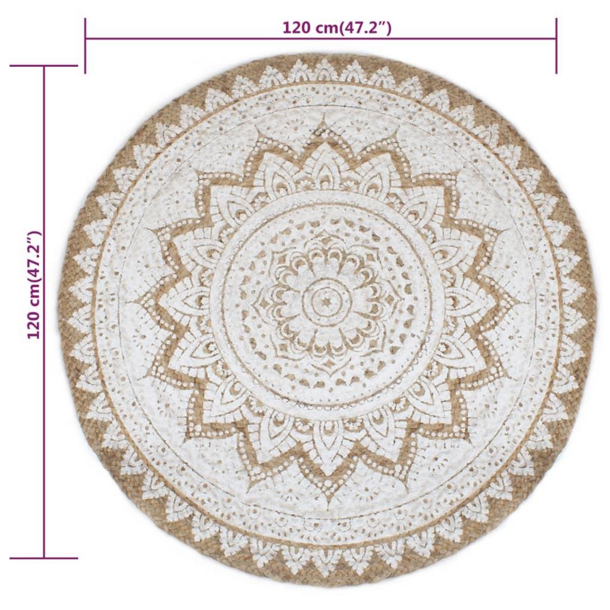 VIDAXL Tapis Jute tresse imprime 120 cm rond