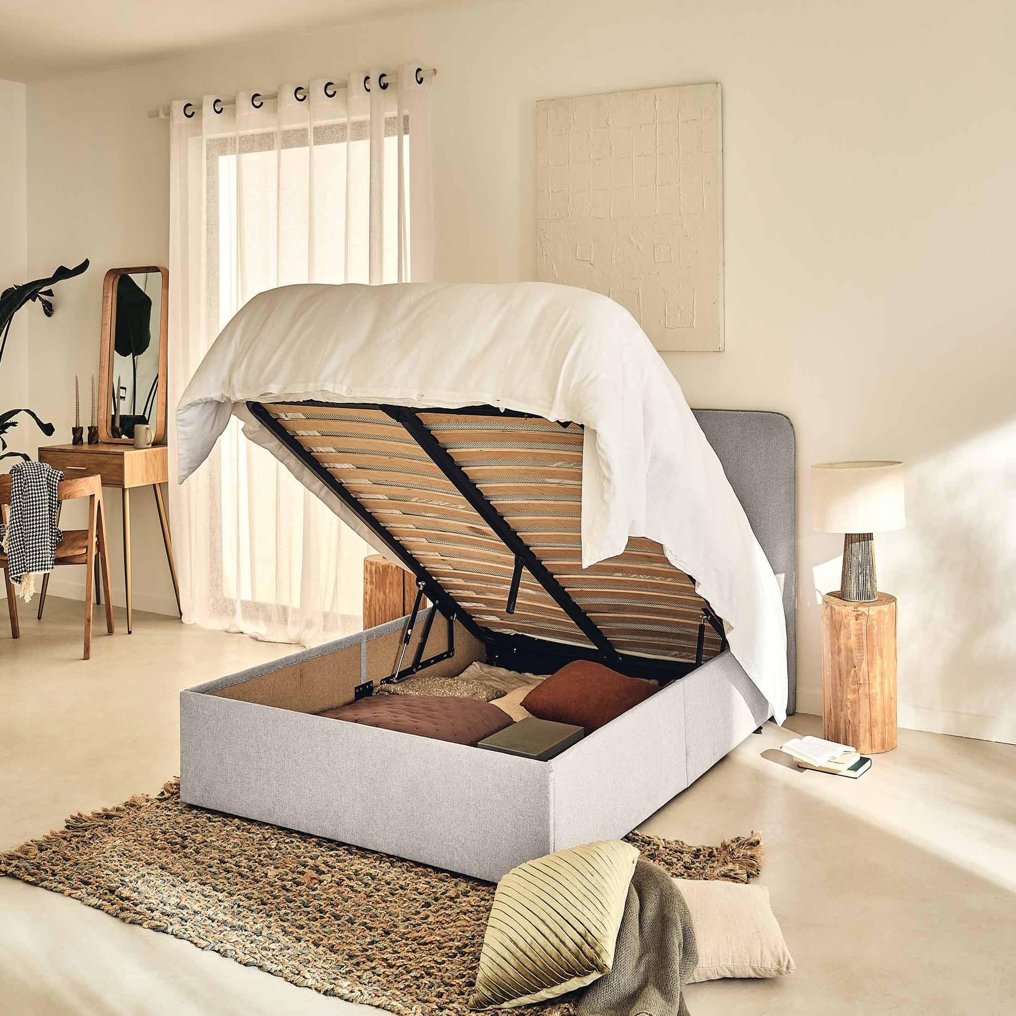 Voir la diapositive 3 : BEST MOBILIER Goyave - lit coffre - 160x200 - en tissu - sommier inclus