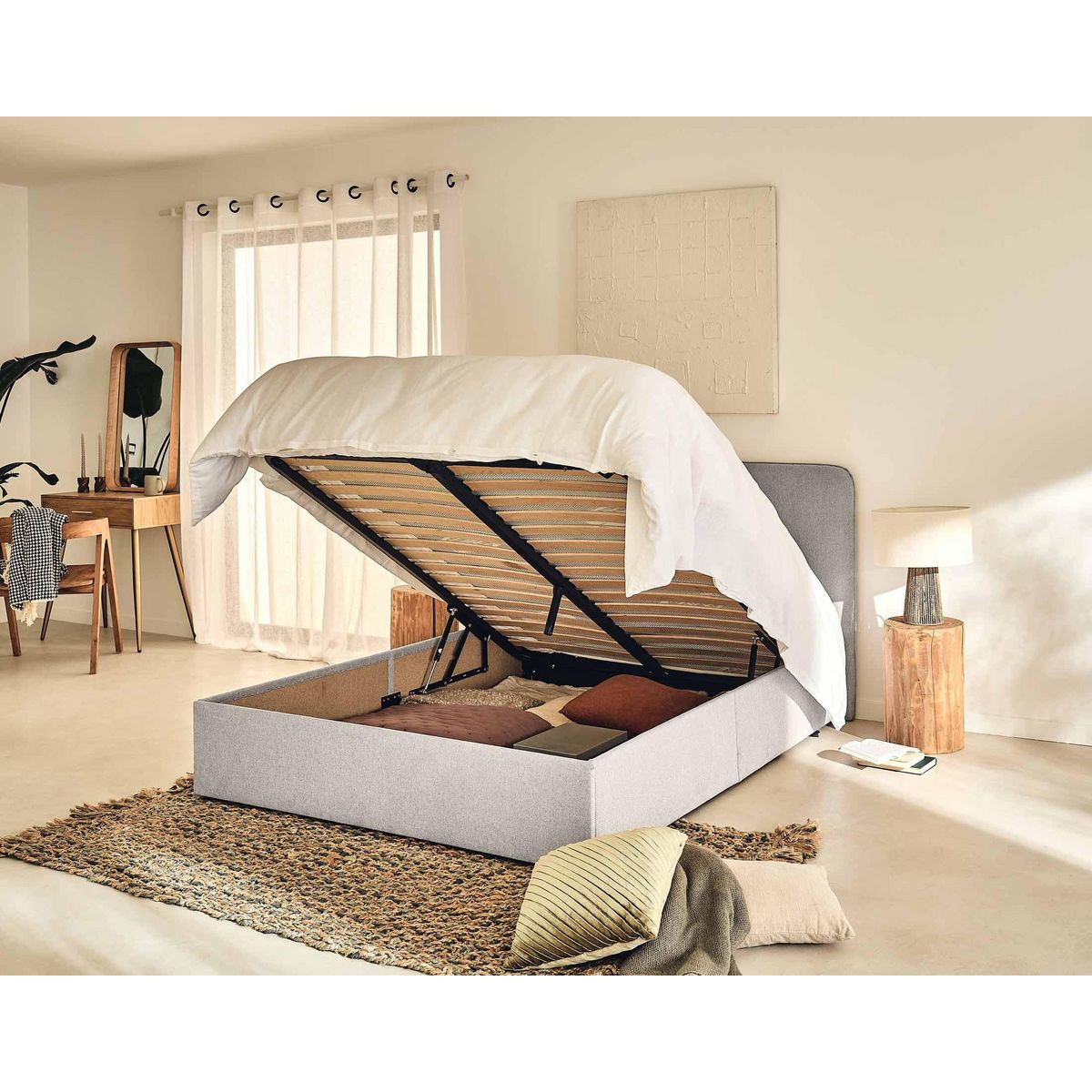 BEST MOBILIER Goyave - lit coffre - 160x200 - en tissu - sommier inclus