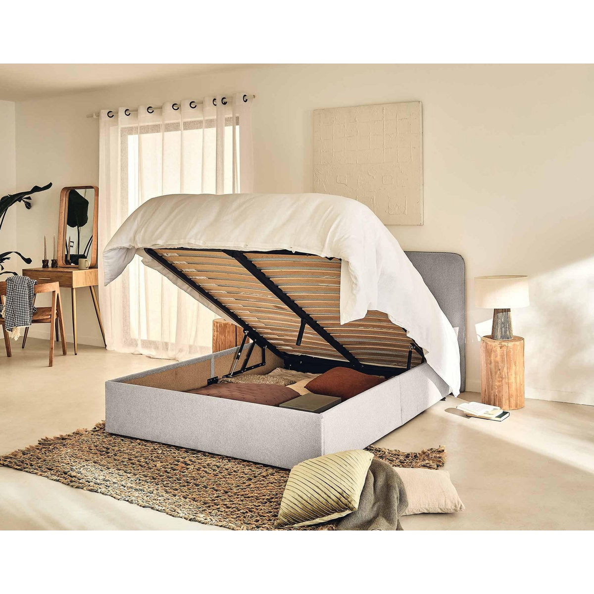 BEST MOBILIER Goyave - lit coffre - 160x200 - en tissu - sommier inclus