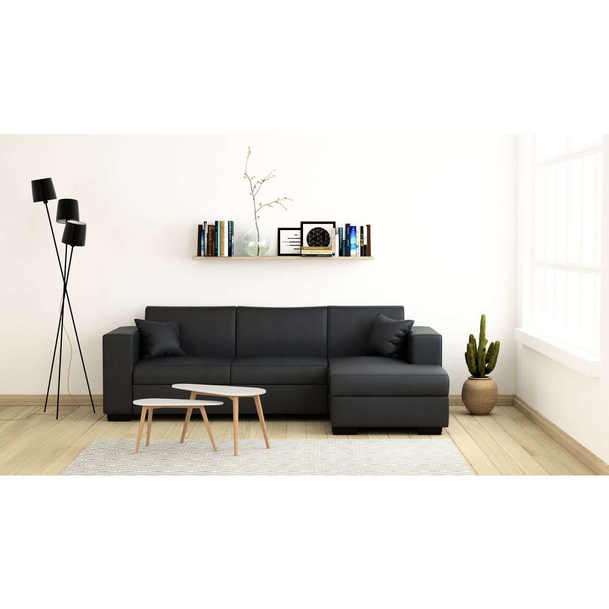 Canapé d'angle droit convertible 4 places avec coffre  de rangement revêtement PU CARIBEA 