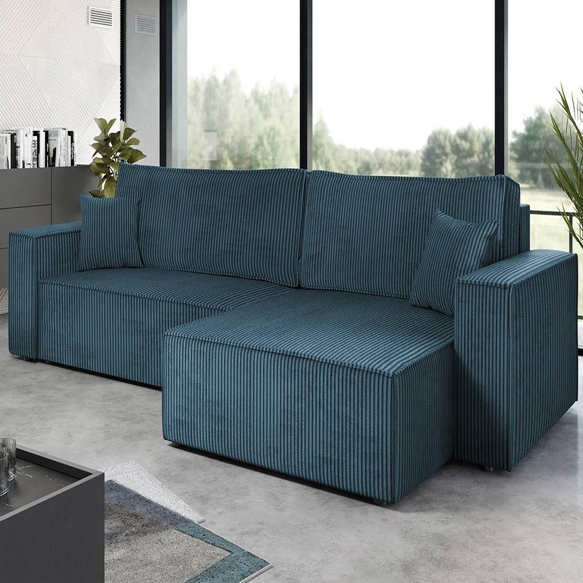 Voir la diapositive 2 : BEST MOBILIER Cezanne - canapé d'angle réversible 5 places convertible avec coffre en velours côtelé