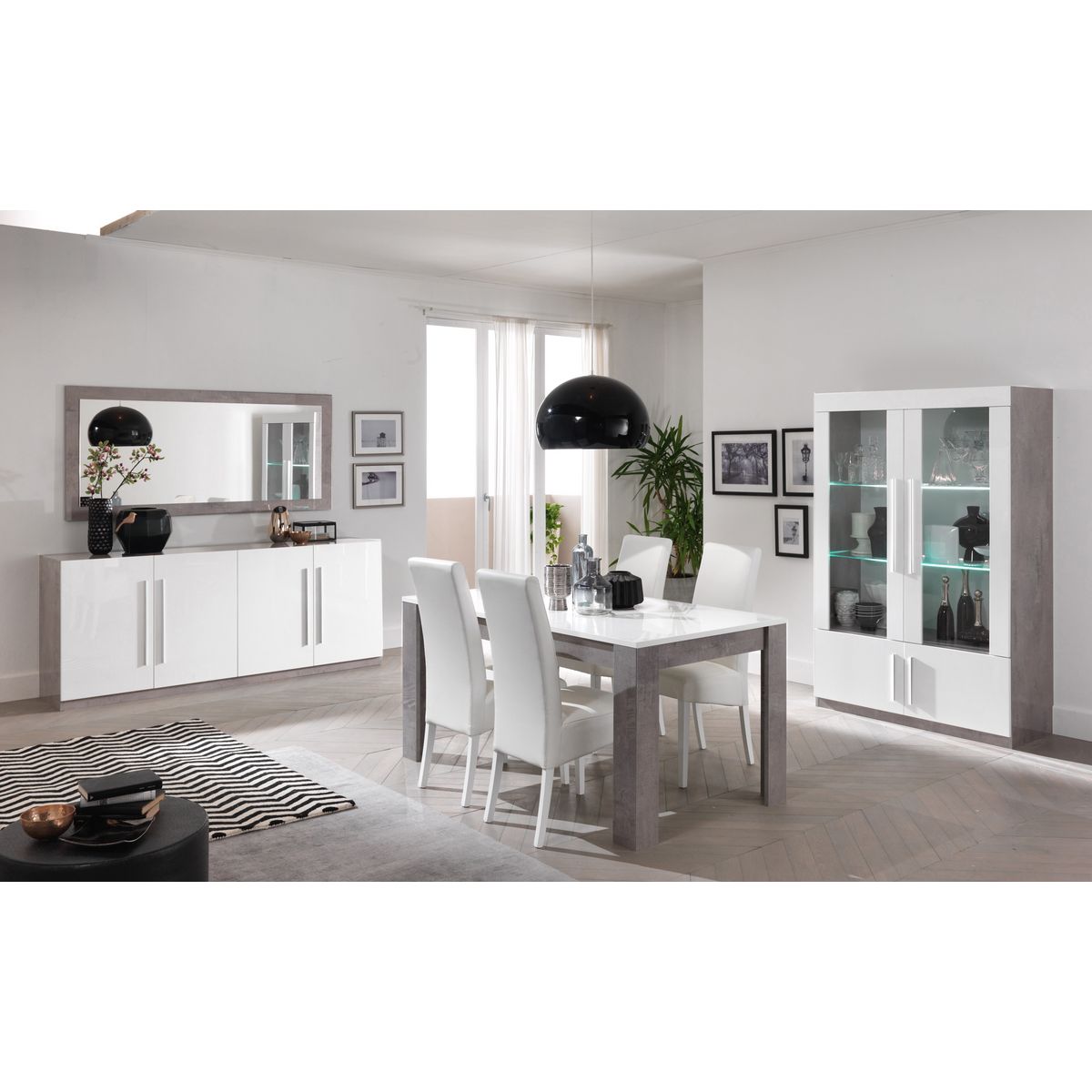 Vitrine 2 portes LED inclus laqué blanc brilant décor bêton marbré TORINO