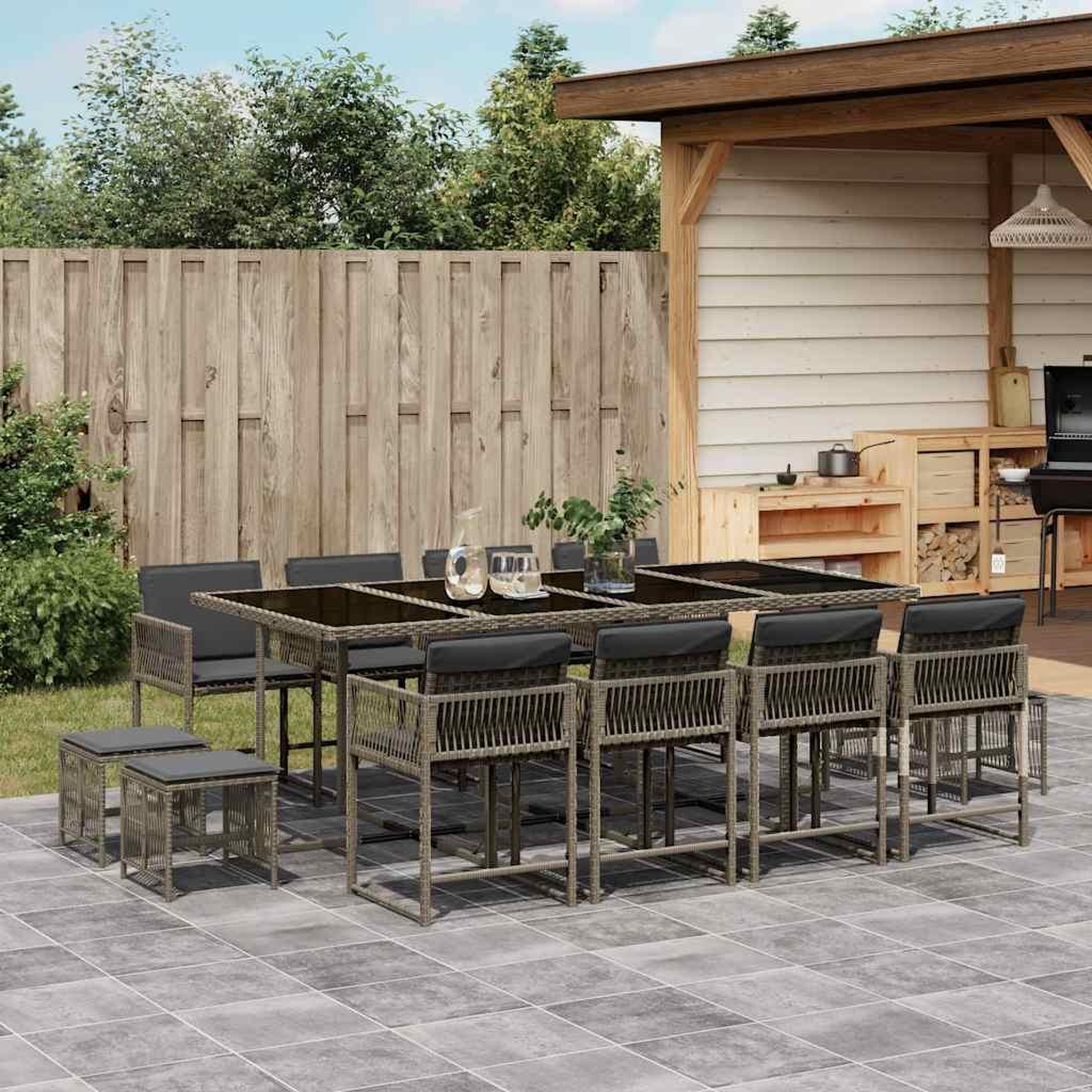 VIDAXL Ensemble a manger de jardin coussins 13 pcs gris resine tressee