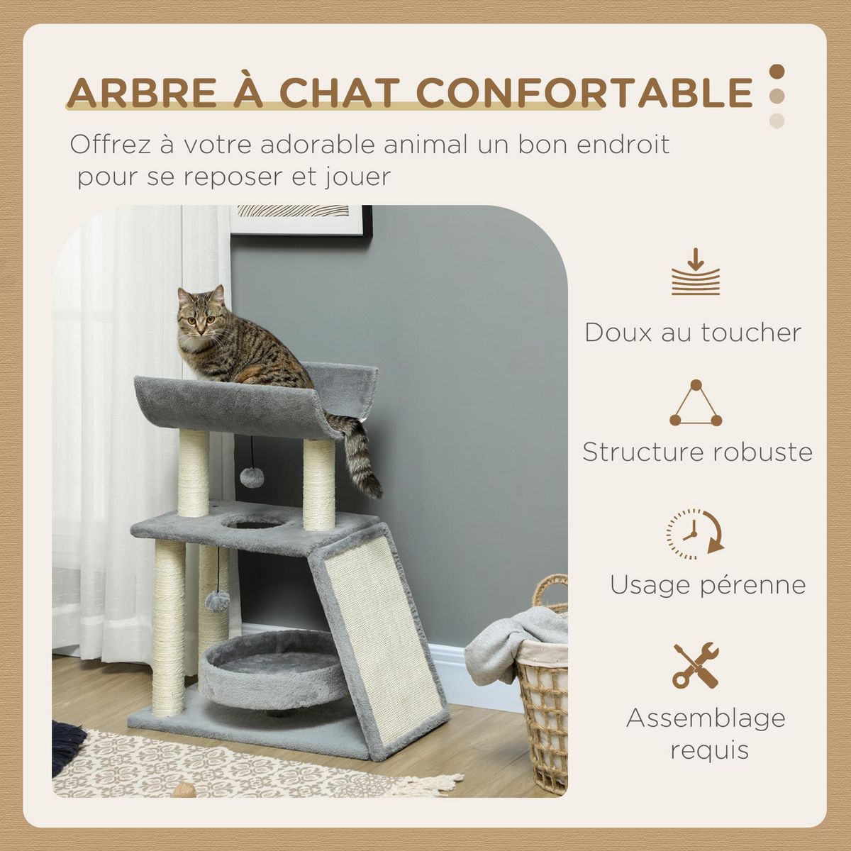 PAWHUT Arbre à chat griffoirs grattoir jeu boules suspendues plateformes ronde, rectangulaire et demi-cylindrique peluche jute naturelle gris