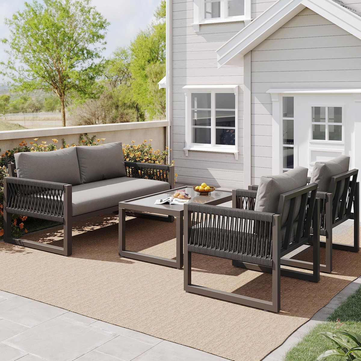 MERAX Salon de jardin 4 places en acier avec table verre lisse, pieds réglables, coussins