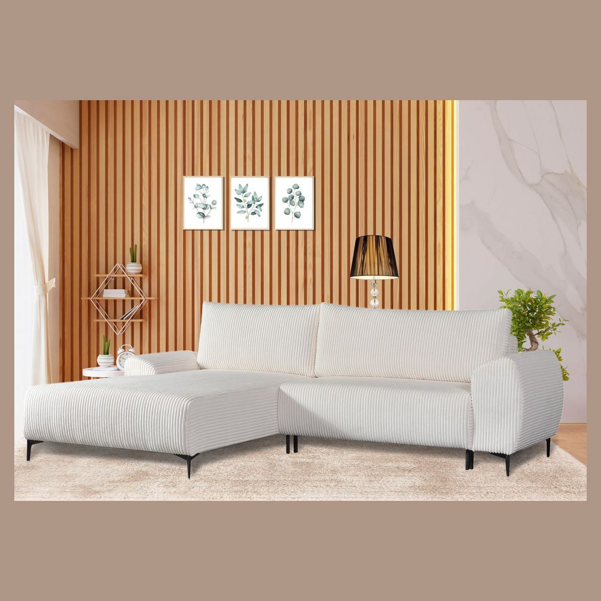 Canapé d'angle gauche fixe convertible 5 places en velour côtelé CYRIL