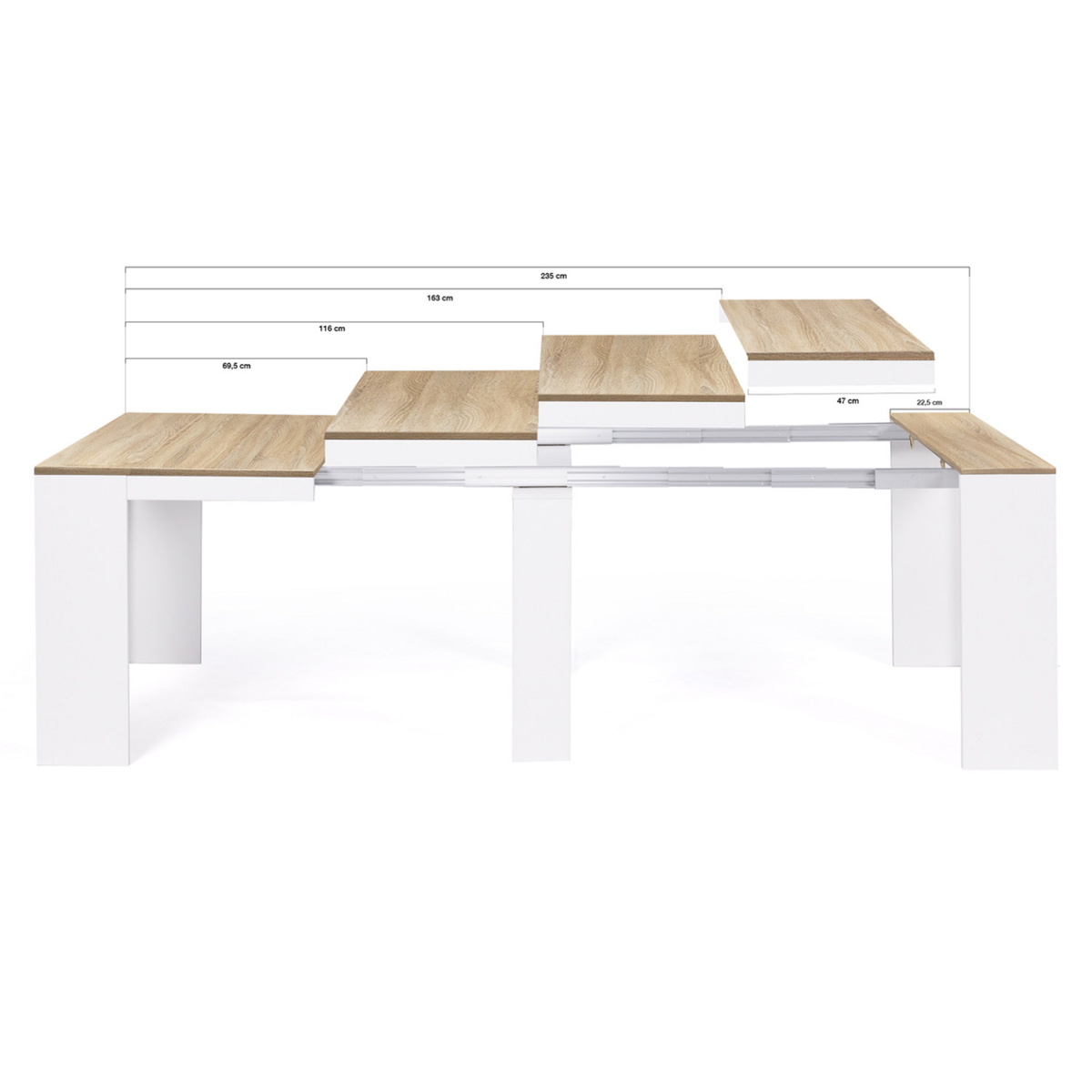 ID MARKET Table console extensible ORLANDO 10 personnes 235 cm bois blanc et façon hêtre