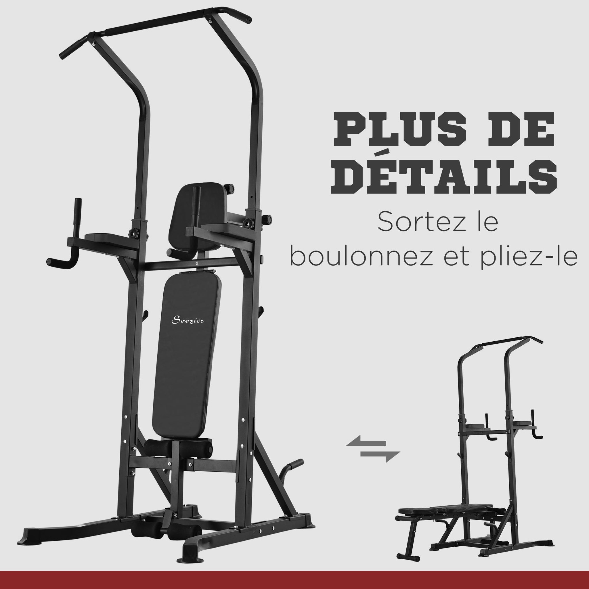 Voir la diapositive 6 : HOMCOM Station de musculation Fitness entrainement complet - barre de traction, à dips, banc de musculation pliable, poignées push-up  - acier noir