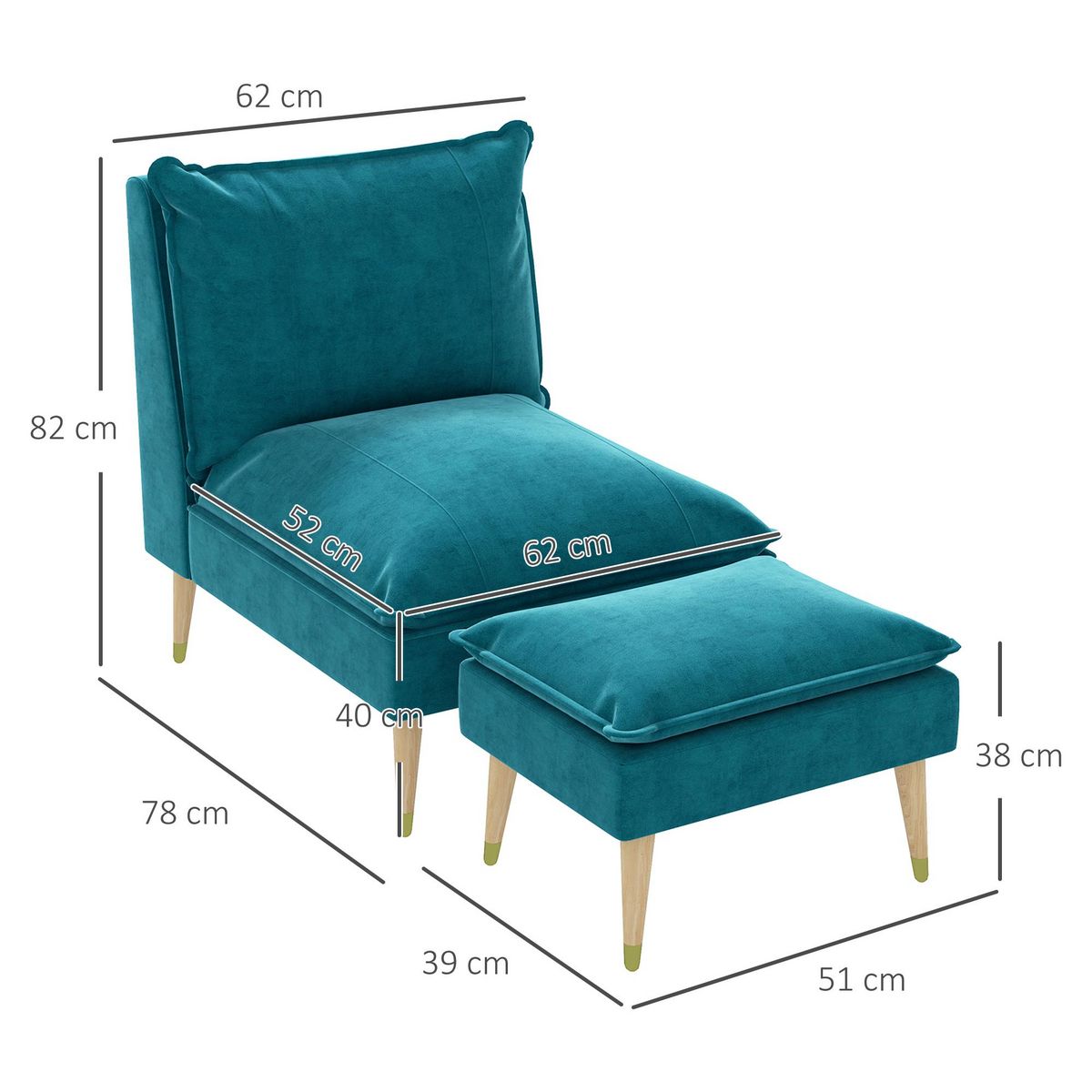 HOMCOM Fauteuil design scandinave grand confort - repose-pied inclus - piètement effilé incliné bois hévéa velours turquoise