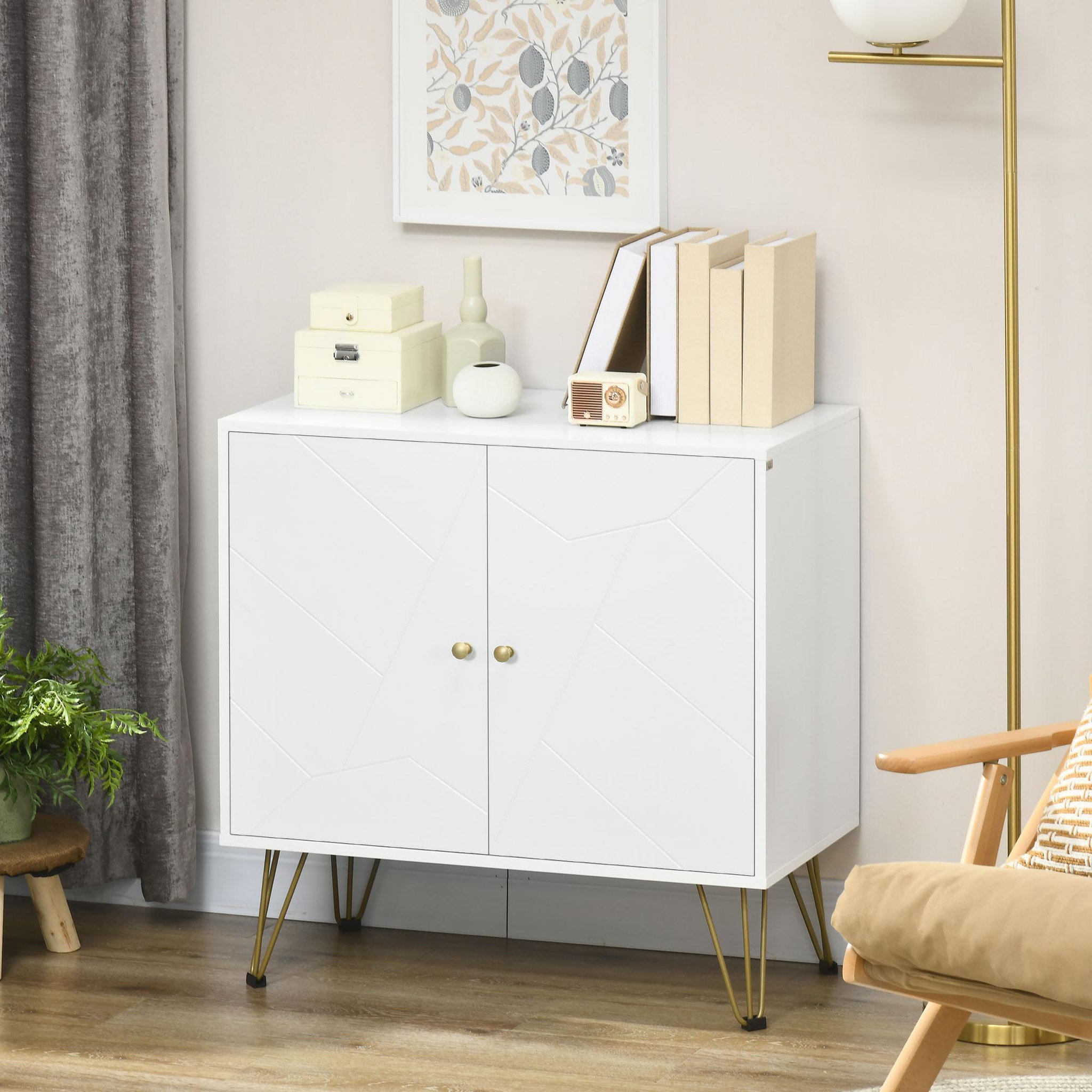 Voir la diapositive 2 : HOMCOM Buffet 2 portes 2 étagères style Art déco motif graphique piètement épingle poignées métal doré MDF blanc