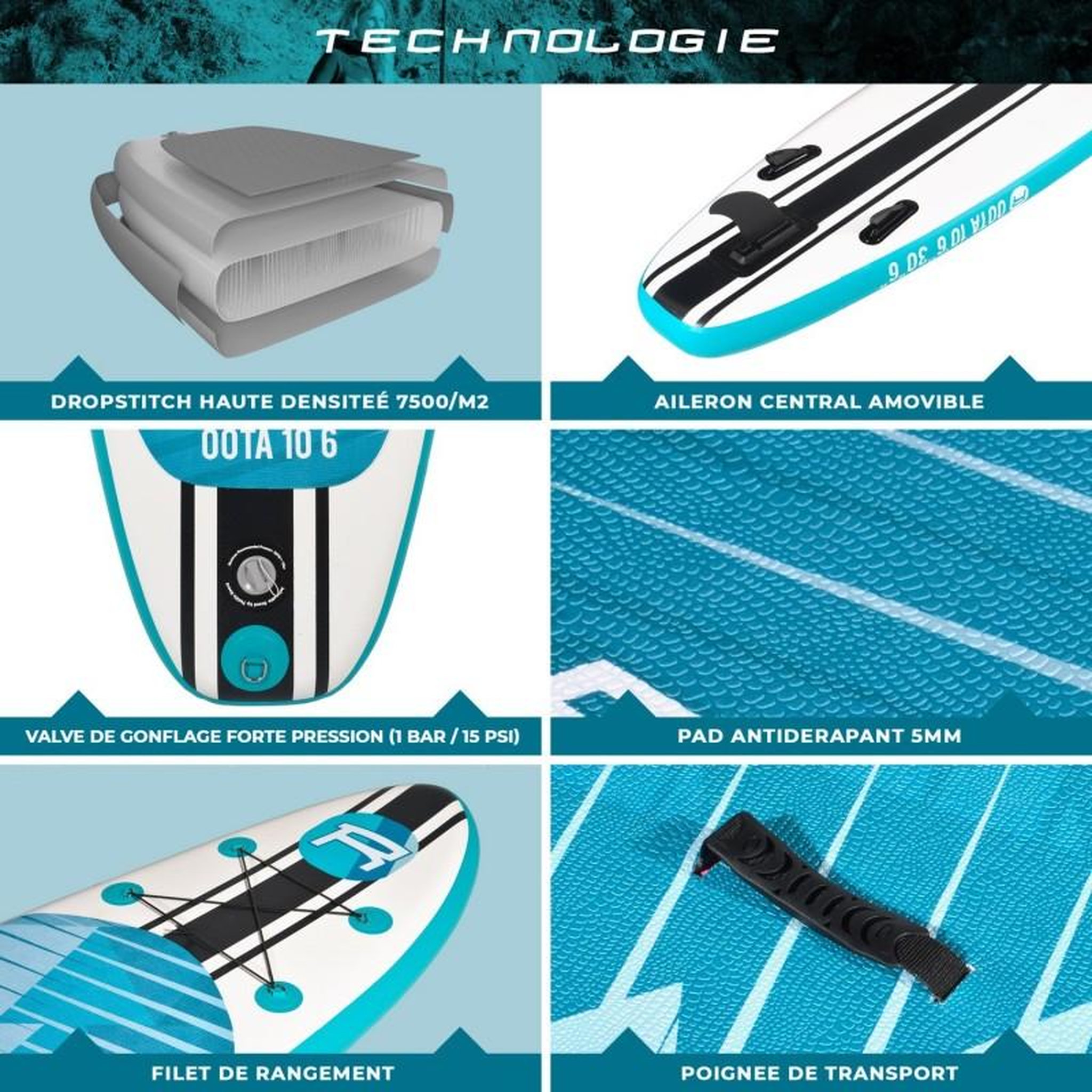 Voir la diapositive 5 : ROHE Stand Up Paddle Gonflable OOTA ROHE - 10'6'' (320cm) 30'' (76cm) 6'' (15cm) avec Pompe, Pagaie, Leash et Sac de transport