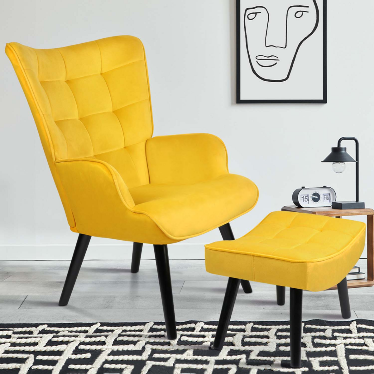 ID MARKET Fauteuil scandinave ANIA avec repose pieds velours jaune