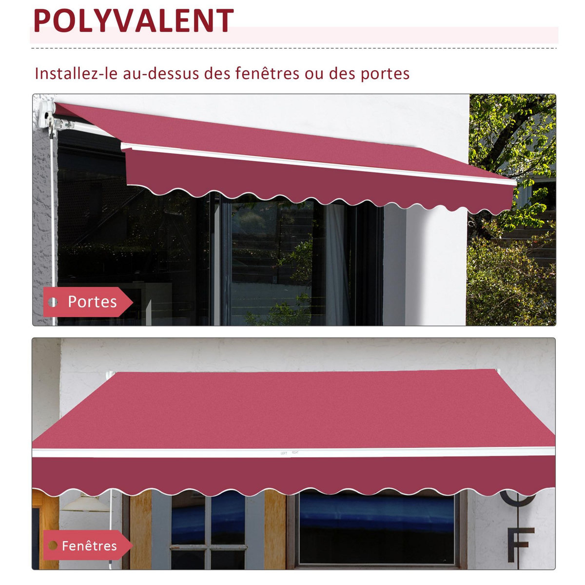 OUTSUNNY Store banne manuel rétractable aluminium polyester imperméabilisé 3L x 2,5l m rouge bordeaux