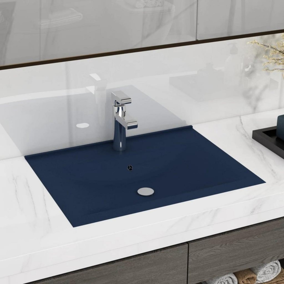 VIDAXL Lavabo avec trou de robinet Bleu fonce mat 60x46 cm Ceramique