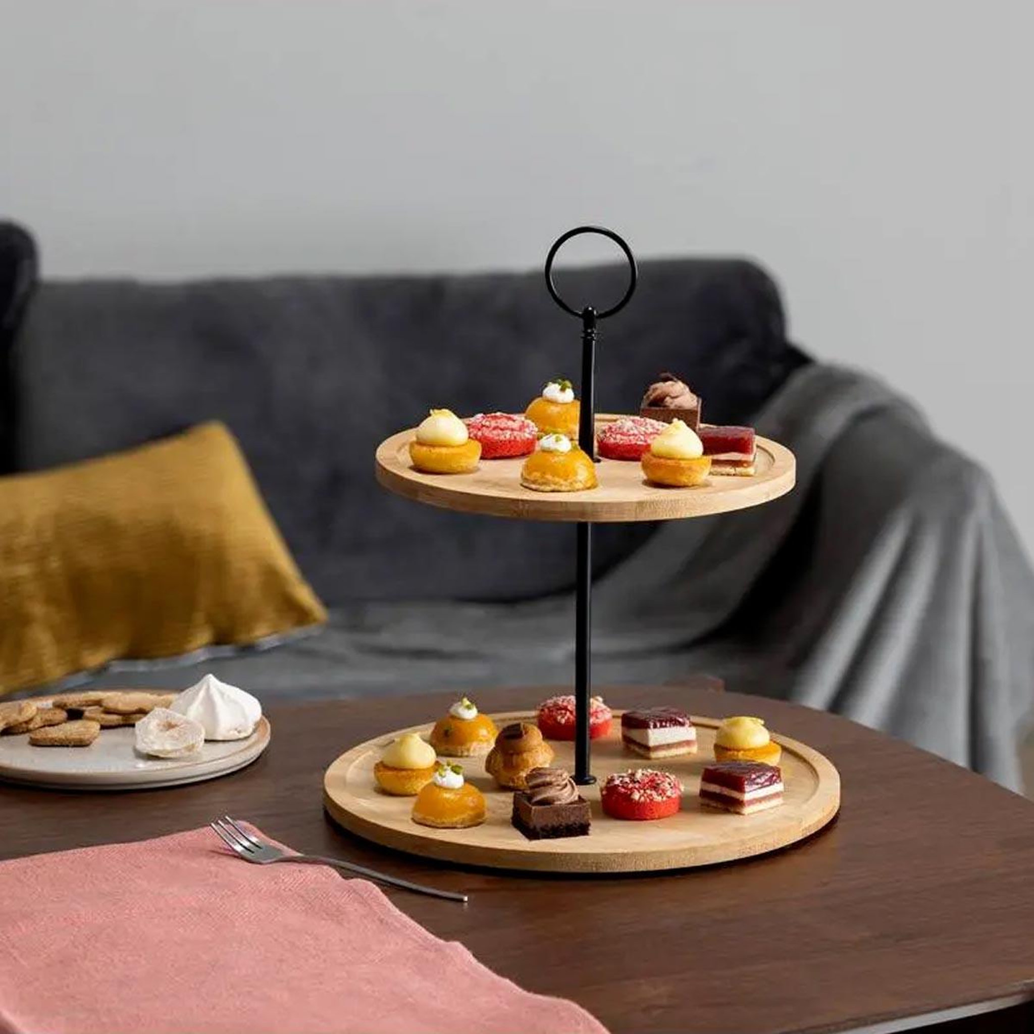 Voir la diapositive 2 : SECRET DE GOURMET Serviteur rond bambou  2 étages  28cm beige