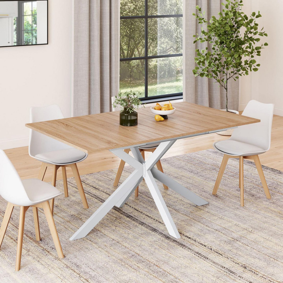 ID MARKET Table à manger extensible rectangle ALIX 6-10 personnes bois et blanc 160-200 cm