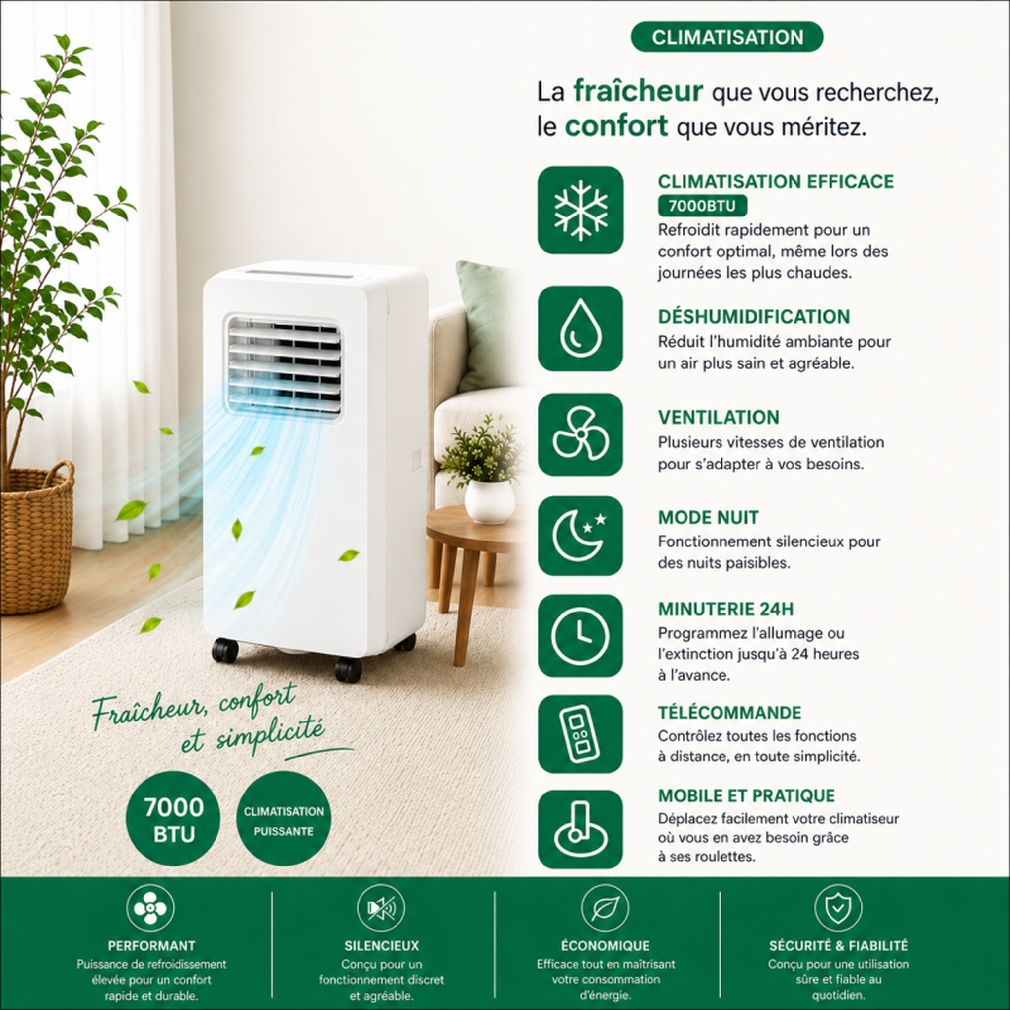 Voir la diapositive 3 : Cl3844 - blanc - climatiseur mobile 7000 btu - classe a - minuterie 24h