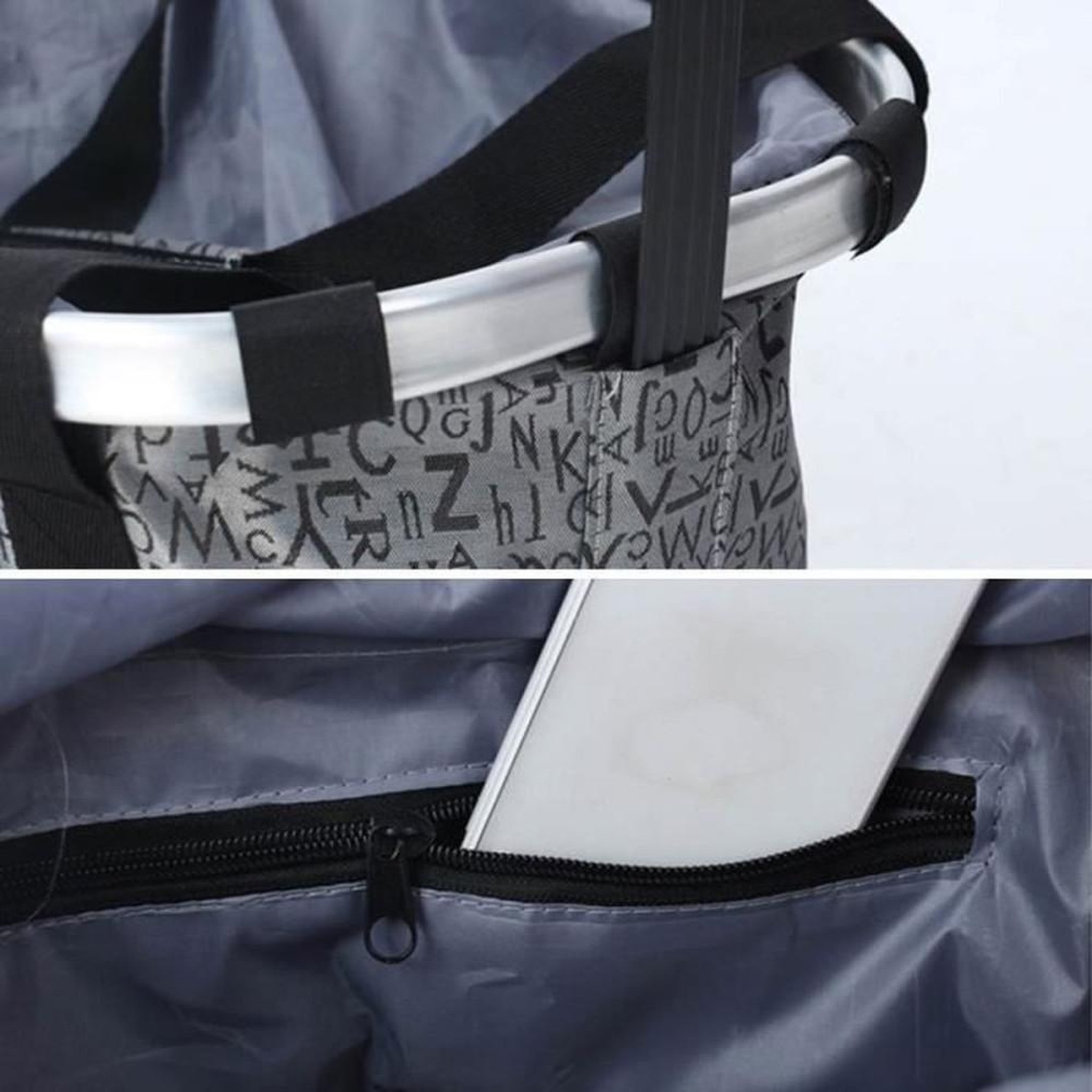 Voir la diapositive 3 : Panier de vélo pliant imperméable gris, fixation avant, poche zippée, aluminium et polyester 600D, 29 x 31 cm, capacité jusqu'à 5 kg