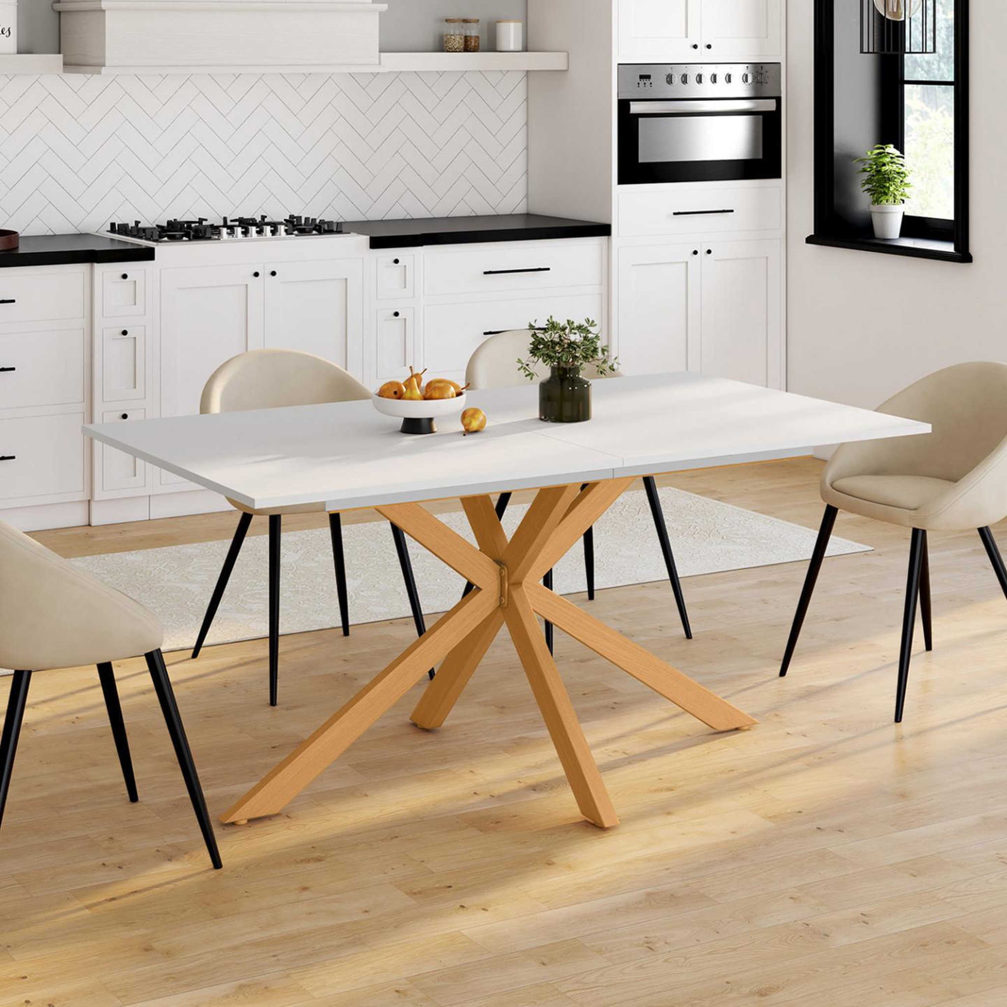 Voir la diapositive 4 : ID MARKET Table à manger extensible rectangle alix 6-10 personnes pied araignée bois et plateau blanc gisele 160-200 cm