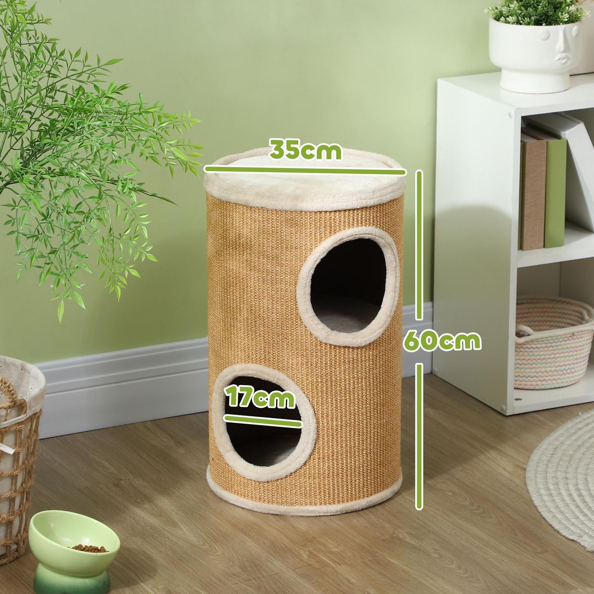 PAWHUT Arbre à chat cylindrique - tour à griffer pour chat - tonneau griffoir - 2 niches + plateforme - sisal peluche beige