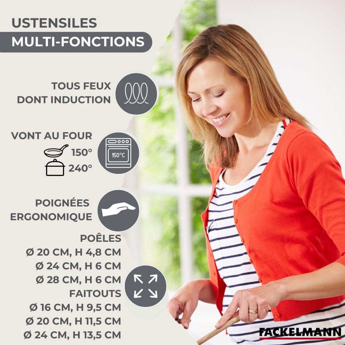 Fackelmann Set de 3 poêles 20, 24 et 28 cm en inox et 3 faitouts inox 16, 20 et 24 cm Fackelmann Geneva