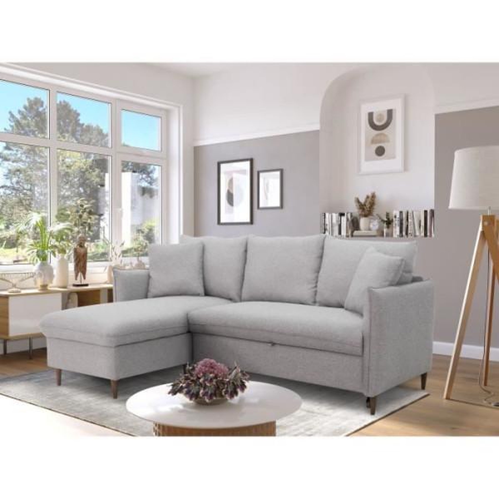 Voir la diapositive 2 : MARKET24 Canapé d'angle convertible réversible 4 places GERAUD - Tissu Gris - Coffre de rangement - L 210 x P 147 x H 90 cm