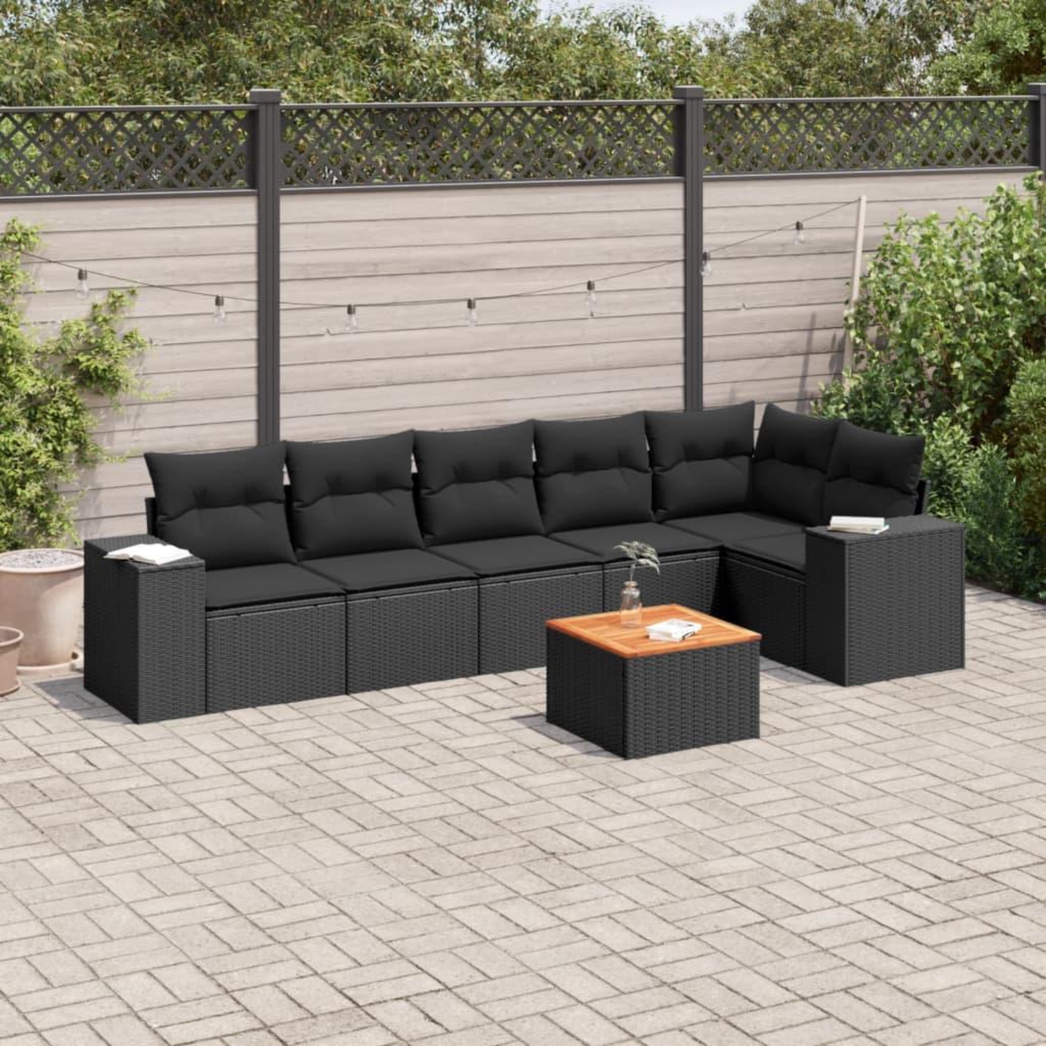 VIDAXL Salon de jardin 7 pcs avec coussins noir resine tressee