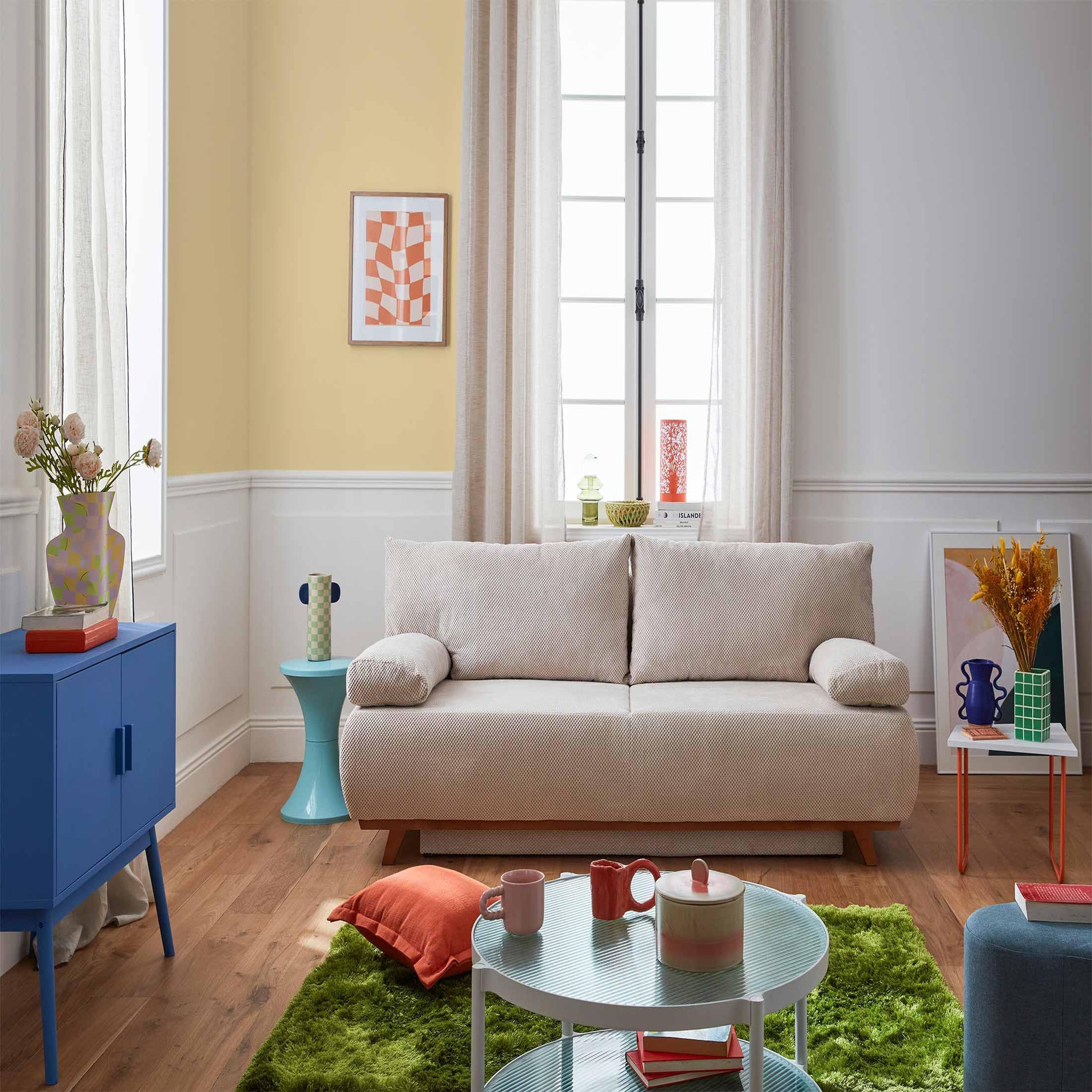 BEST MOBILIER Cristal - canapé 3 places - convertible avec coffre - en velours texturé. Coloris disponibles : Bleu, Beige, Rose, Gris, Bicolore, Orange