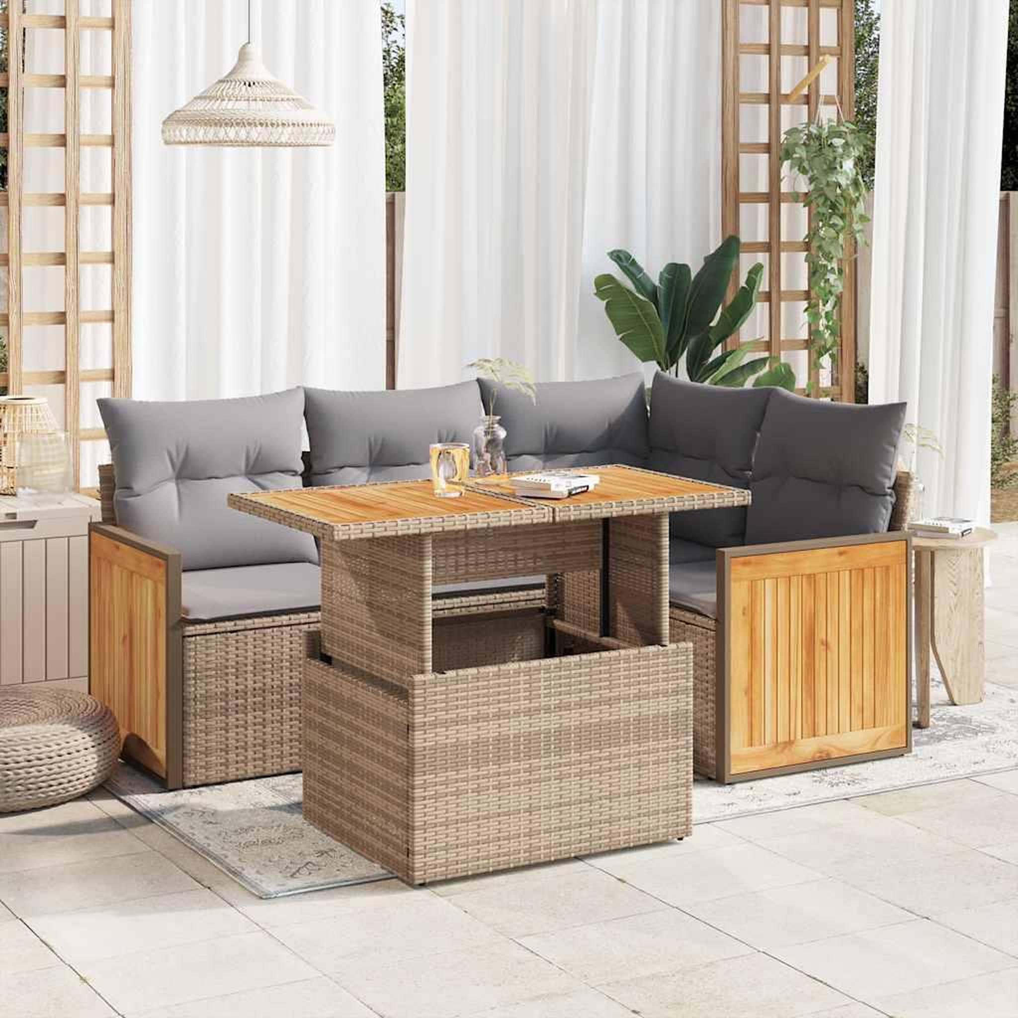 VIDAXL Salon de jardin avec coussins 5 pcs beige resine tressee acacia