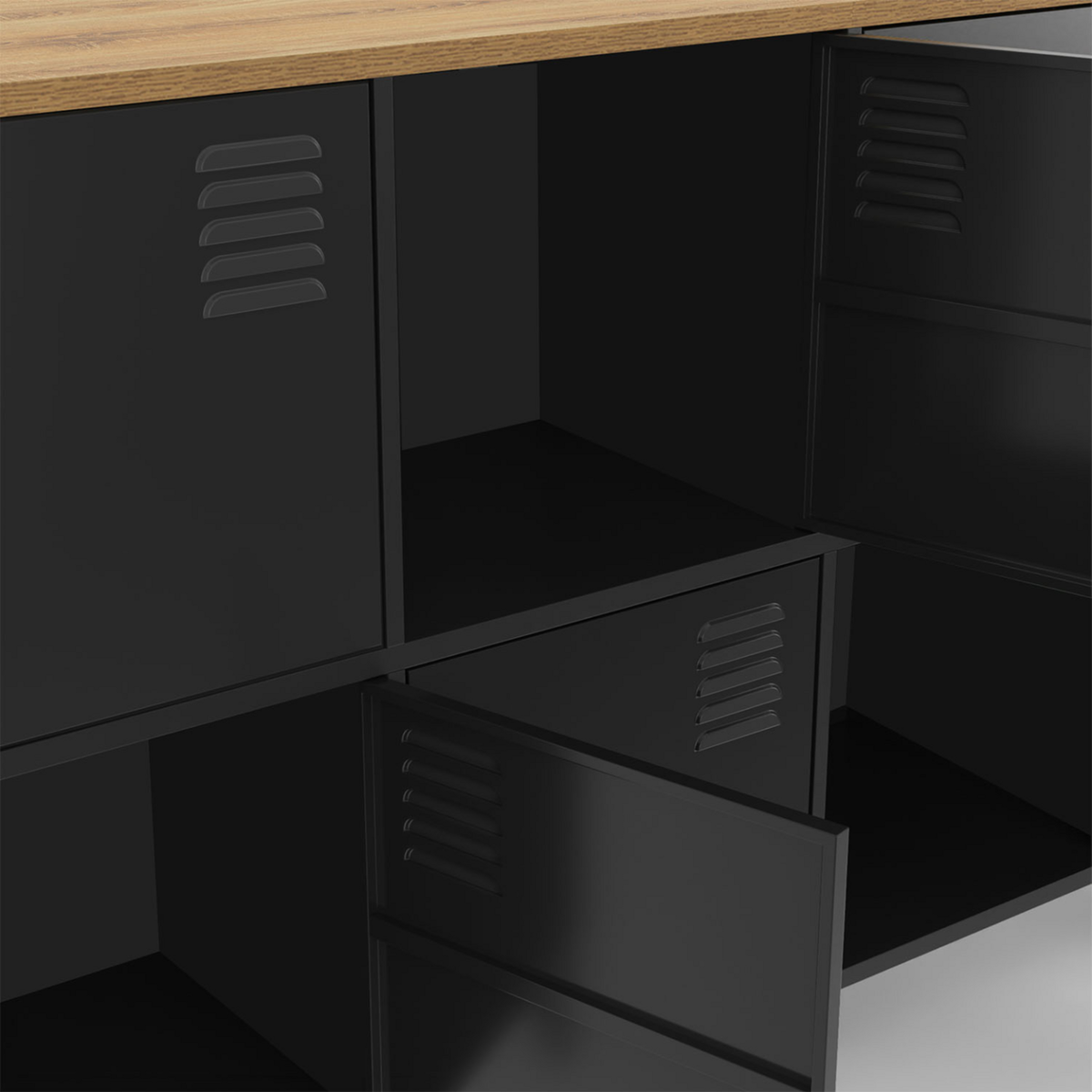 ID MARKET Buffet casier 139 cm ESTER 8 portes en métal noir plateau bois design industriel