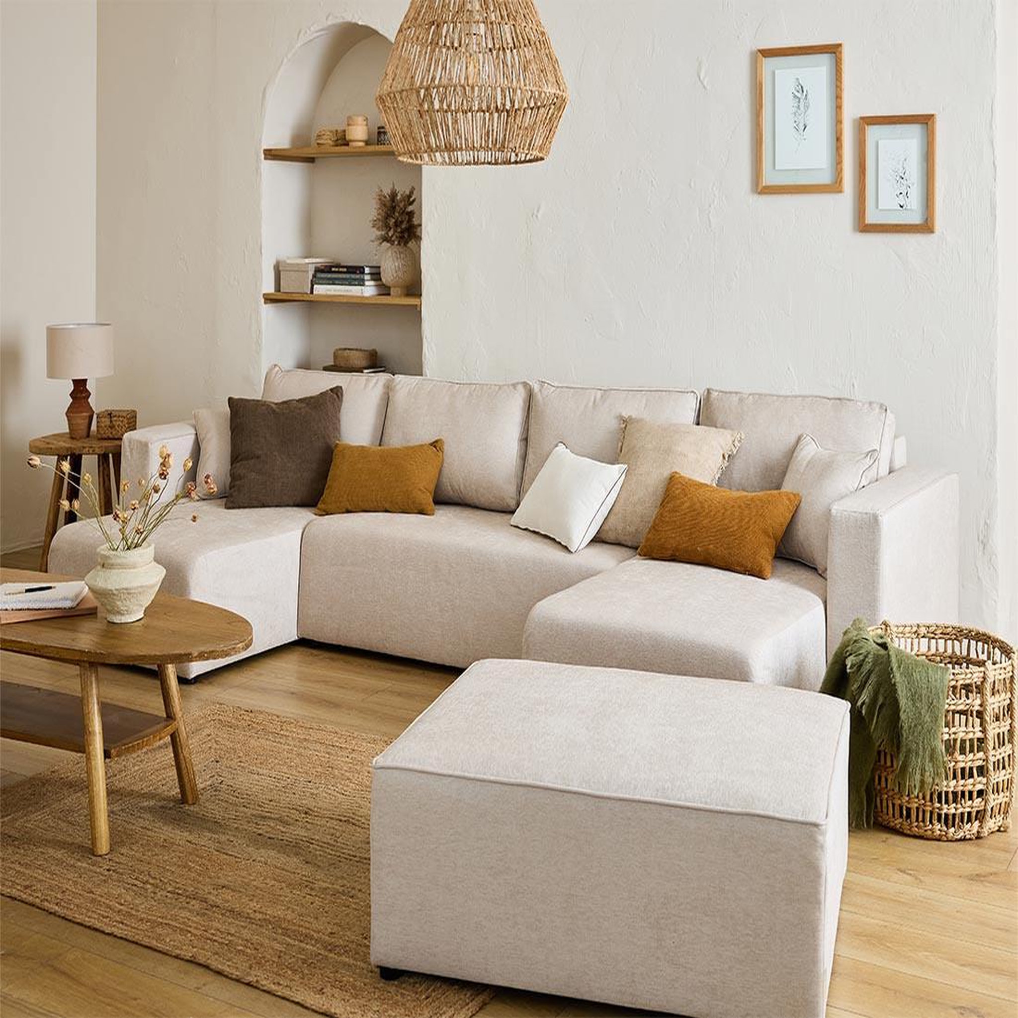 Voir la diapositive 2 : BEST MOBILIER Topaze - canapé panoramique - 7 places - convertible avec coffre - en tissu