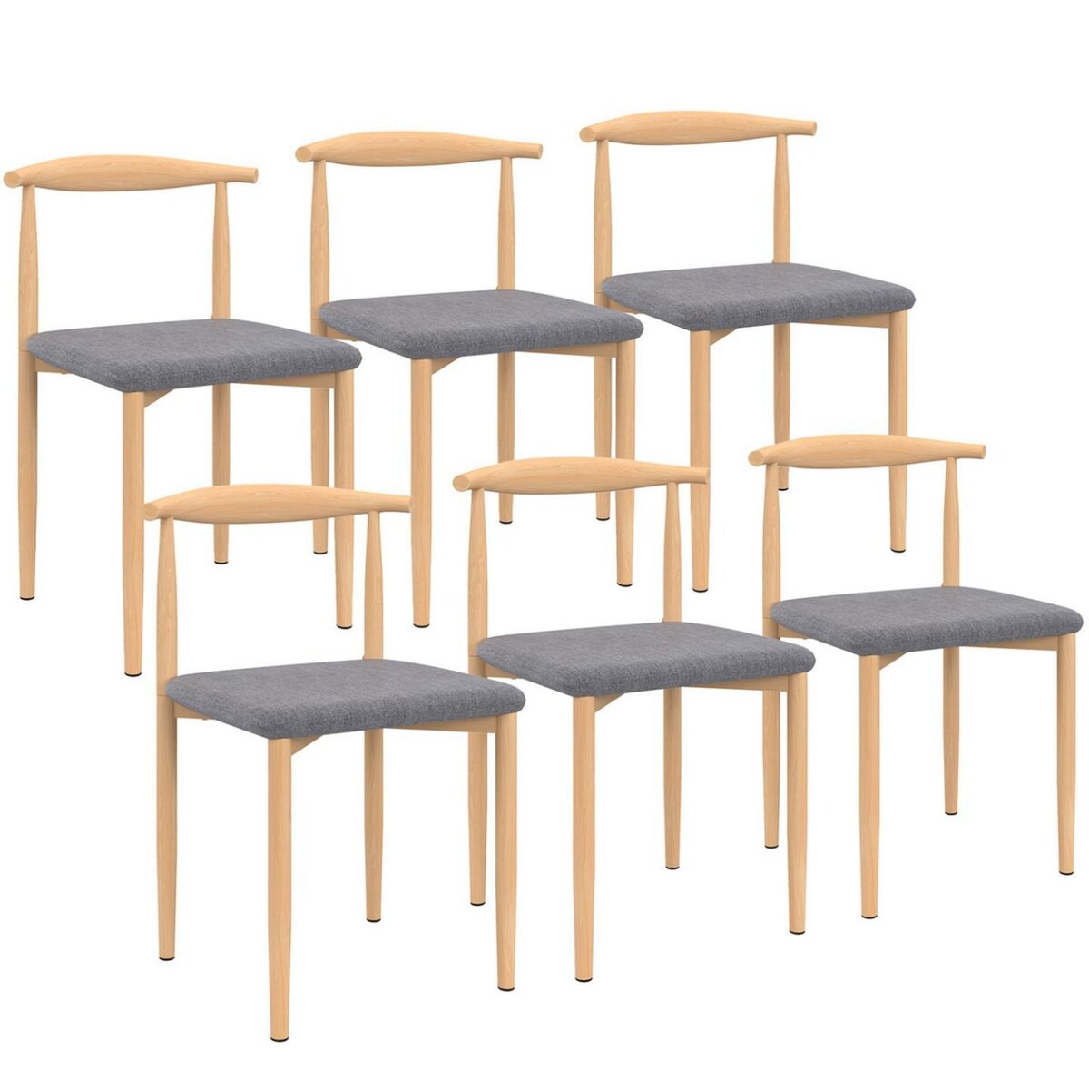 ID MARKET Lot de 6 chaises NOE en imitation bois et assise en tissu gris clair pour salle à manger