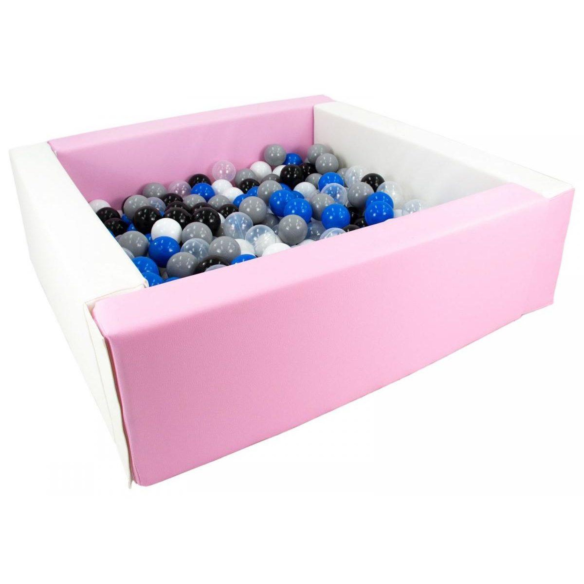 VELINDA Piscine à balles carrée avec 200 balles - blanc, rose (pastel)/noir, blanc, transparent, bleu, gris