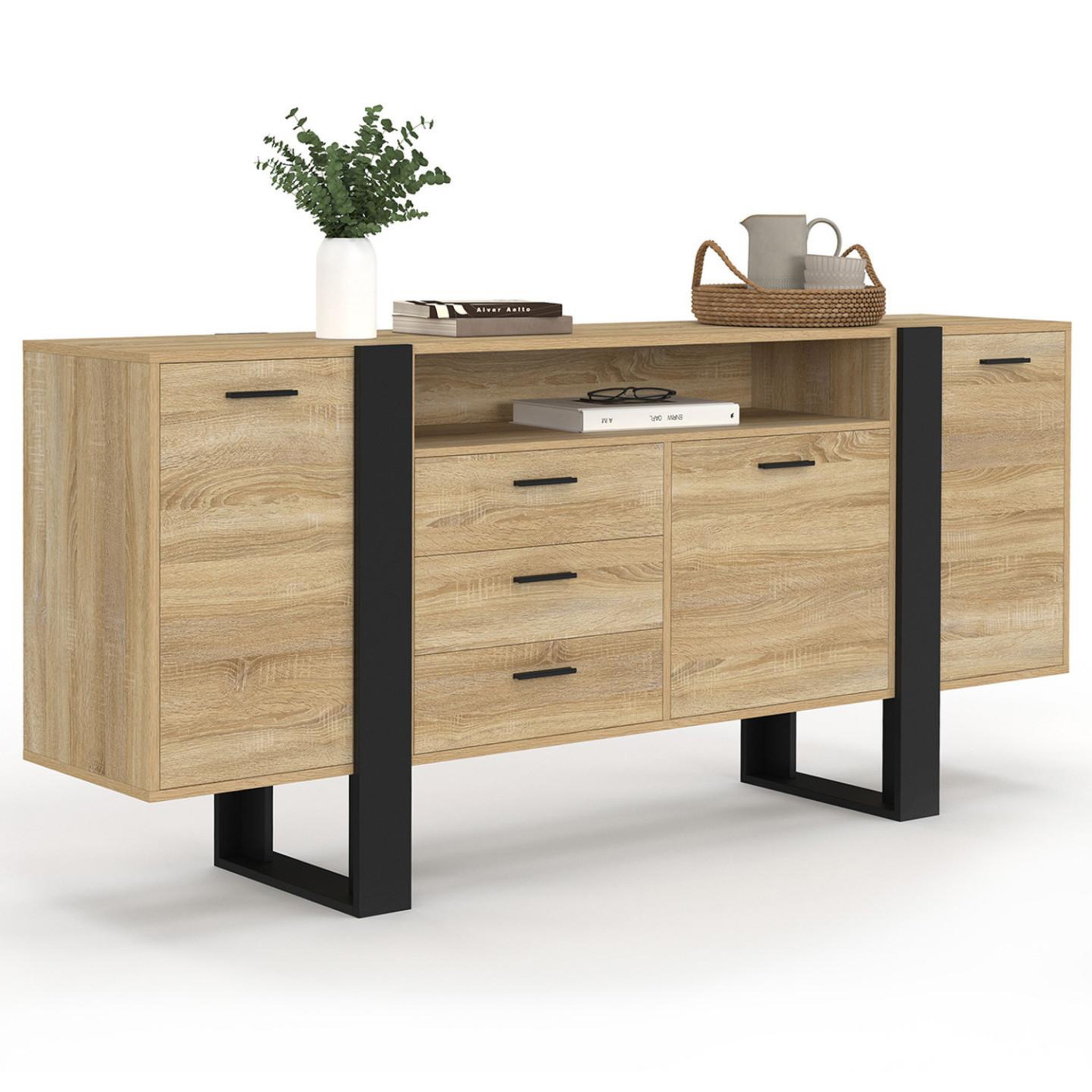 ID MARKET Buffet 180 cm phoenix xxl 3 portes et 3 tiroirs avec niche bois et noir
