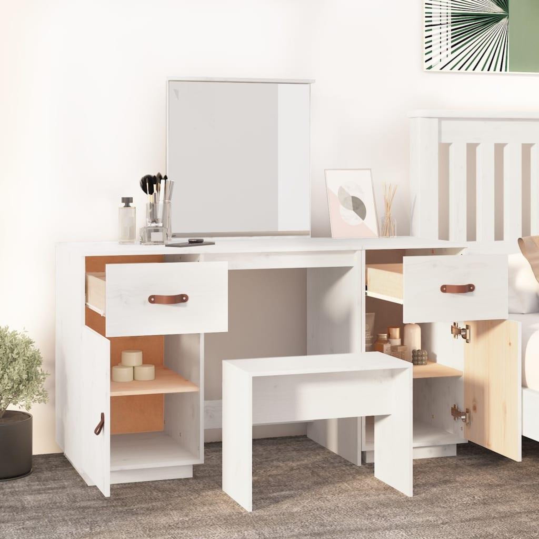 Voir la diapositive 3 : VIDAXL Ensemble de coiffeuse avec miroir Blanc Bois de pin solide