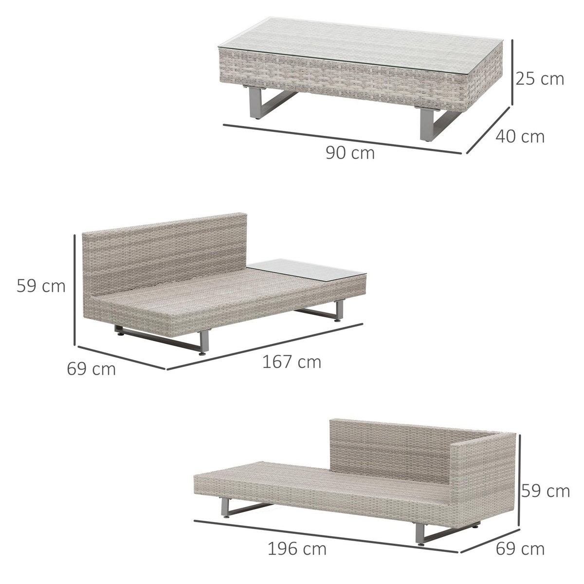 OUTSUNNY Ensemble salon de jardin d'angle 5 places design contemporain coussins déhoussables table basse acier époxy résine tressée grise