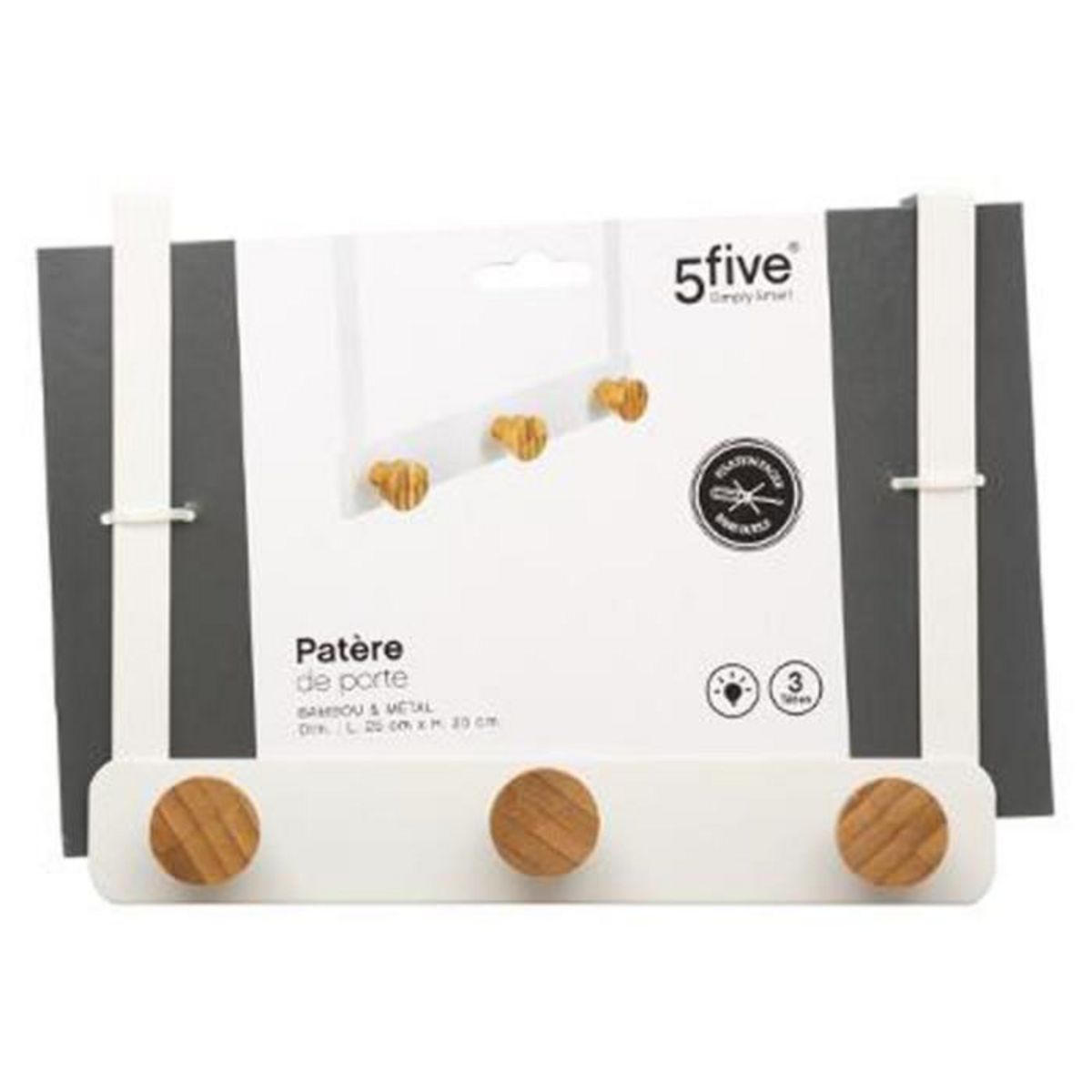 FIVE Patère en Métal & Bambou  3 Têtes  20cm Blanc