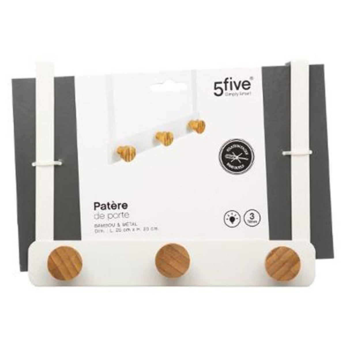 FIVE Patère en Métal & Bambou  3 Têtes  20cm Blanc