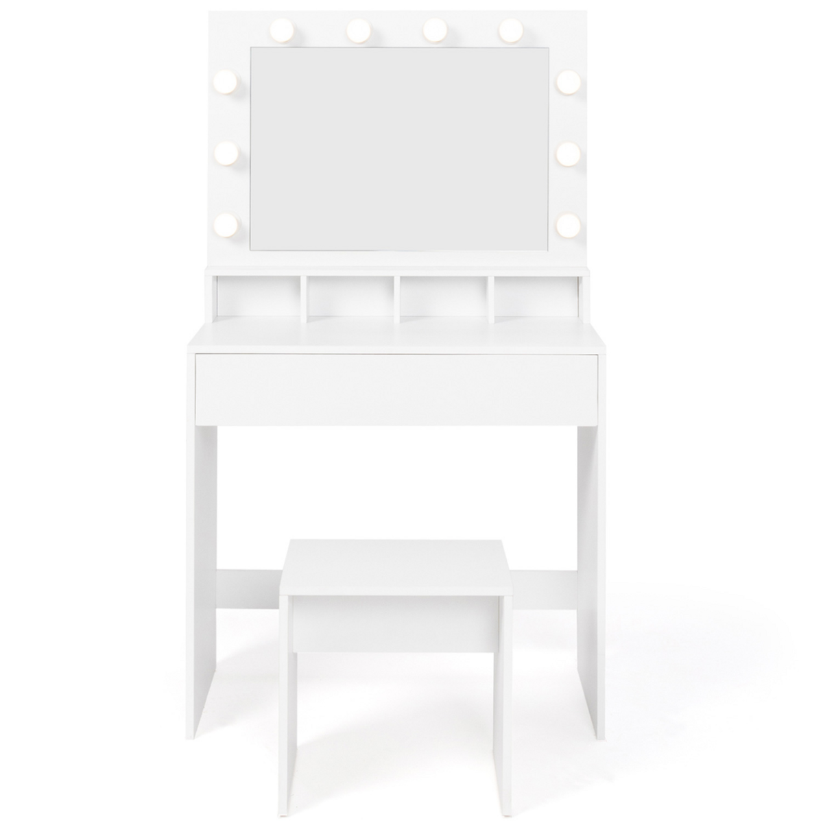ID MARKET Coiffeuse ZELIA miroir LED avec 4 niches, 1 tiroir et tabouret