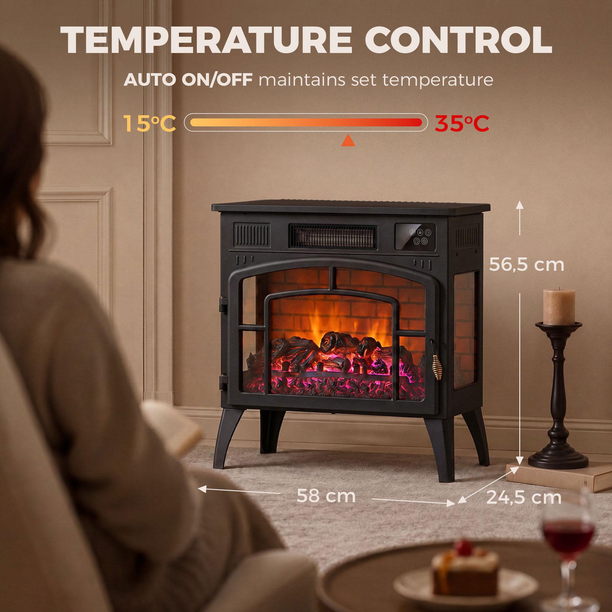 Voir la diapositive 3 : HOMCOM Cheminée électrique design poêle à bois 1000W/2000W foyer vitré face et côtés
