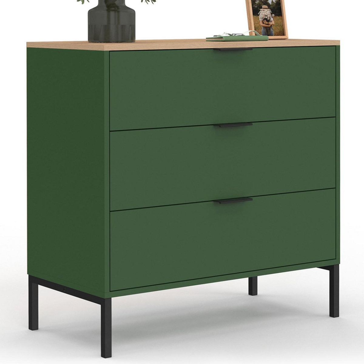 ID MARKET Commode 3 tiroirs KELIA 80 cm vert kaki et plateau bois