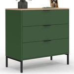 ID MARKET Commode 3 tiroirs KELIA 80 cm vert kaki et plateau bois