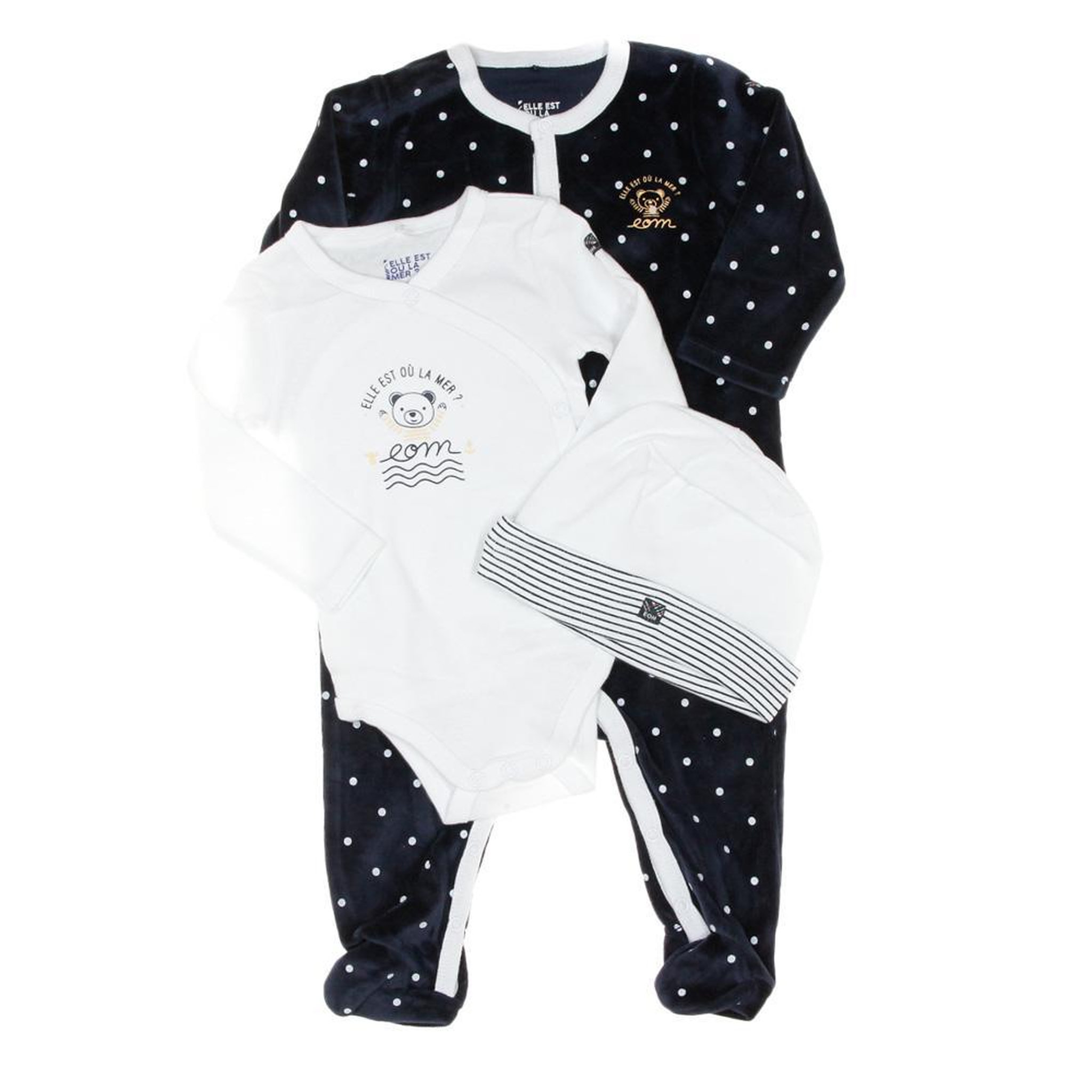 ELLE EST OU LA MER Ensemble de naissance marine/blanc bébé eom pazoly. Coloris disponibles : Bleu
