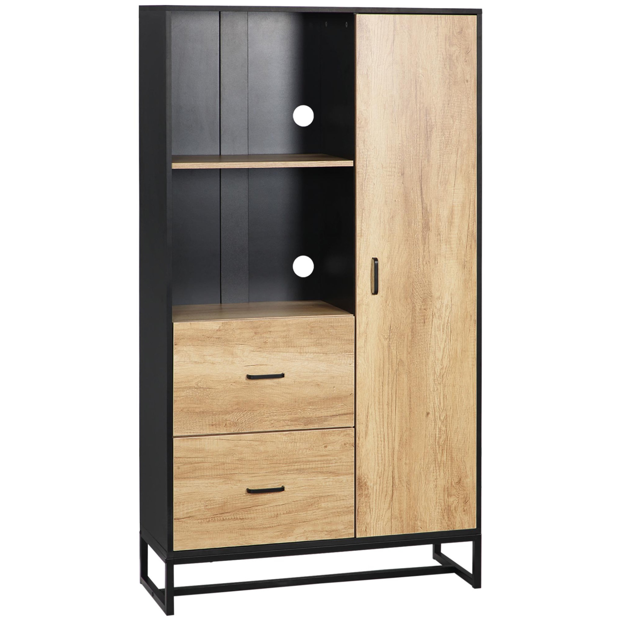 Voir la diapositive 1 : HOMCOM Buffet haut multi-rangement une porte 3 étagères 2 tiroirs 2 niches piètement acier noir aspect chêne clair